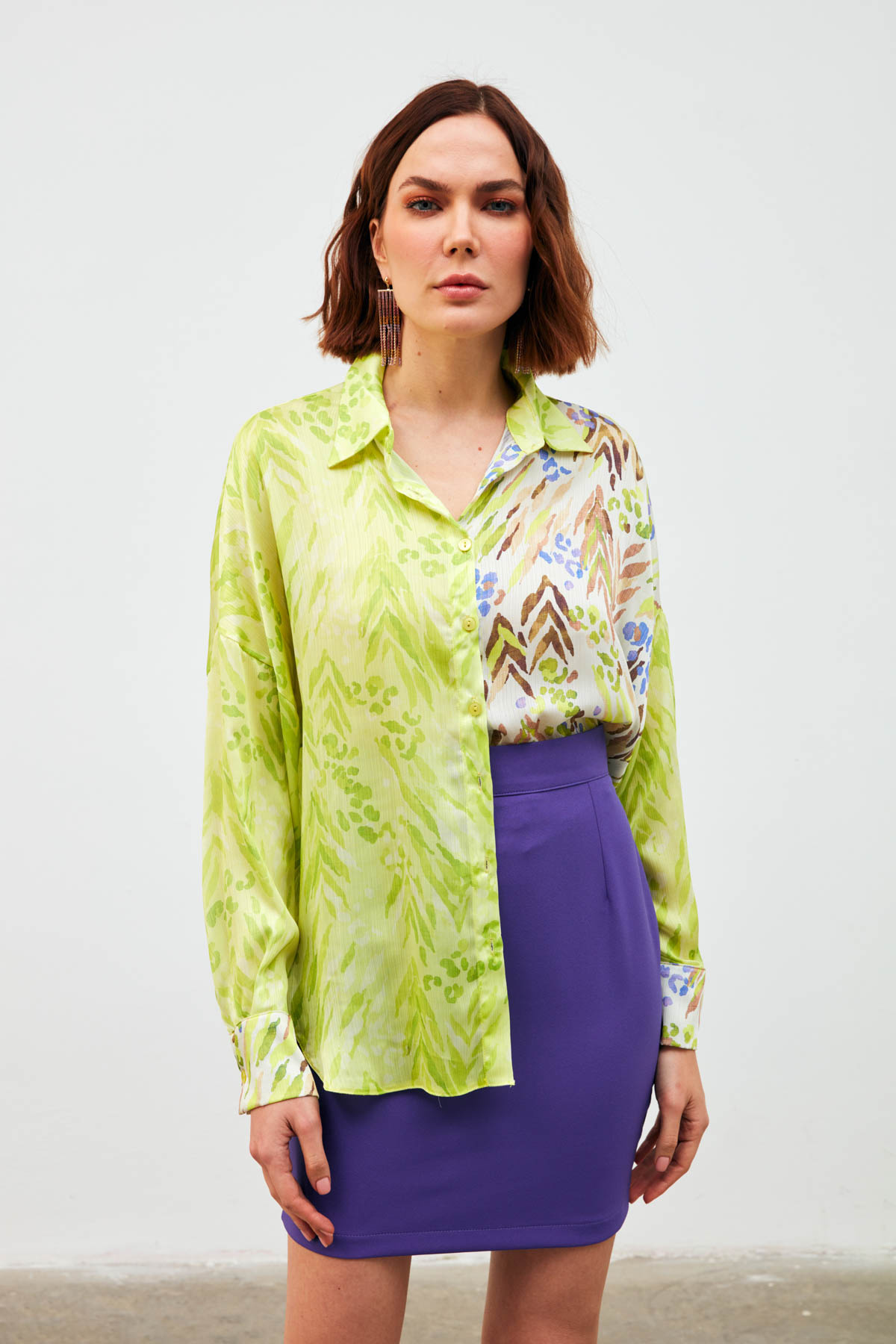 Kontrast Desenli Salaş Gömlek - SARI