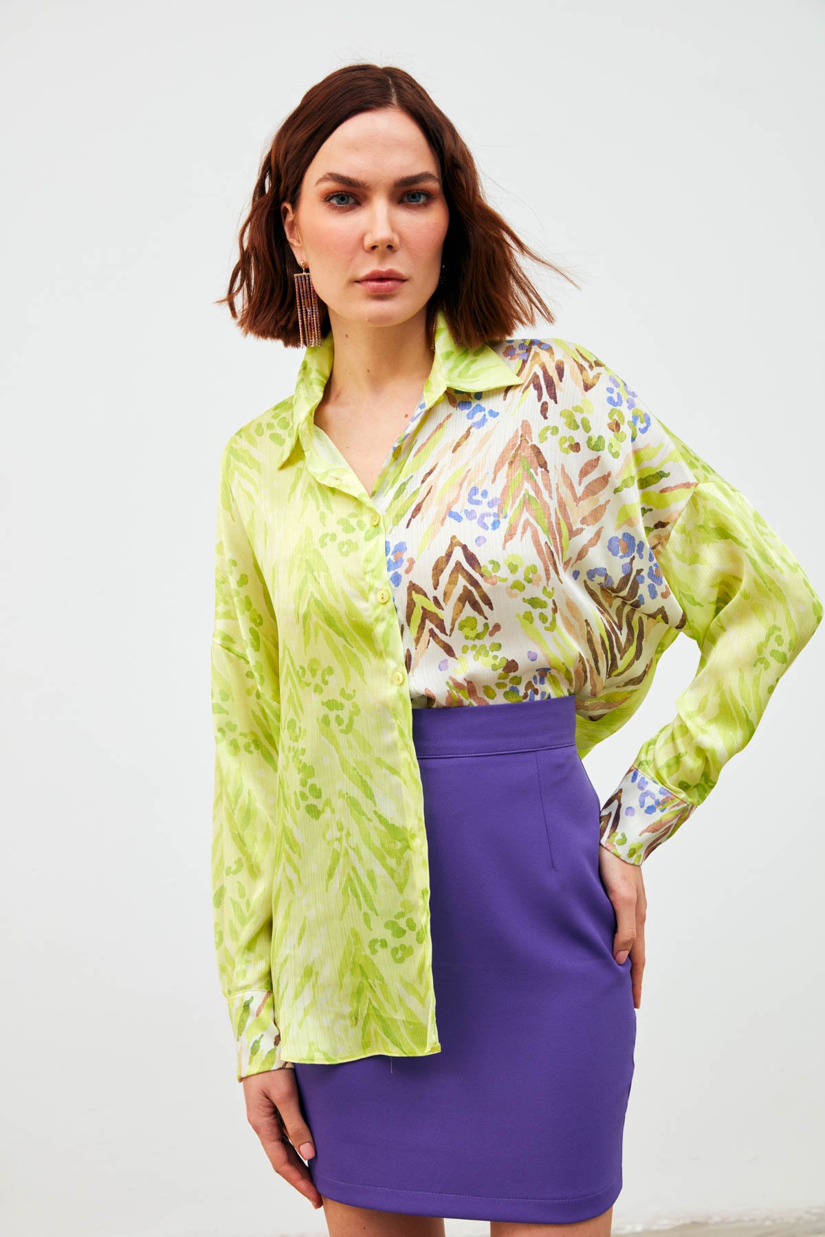 Kontrast Desenli Salaş Gömlek - SARI