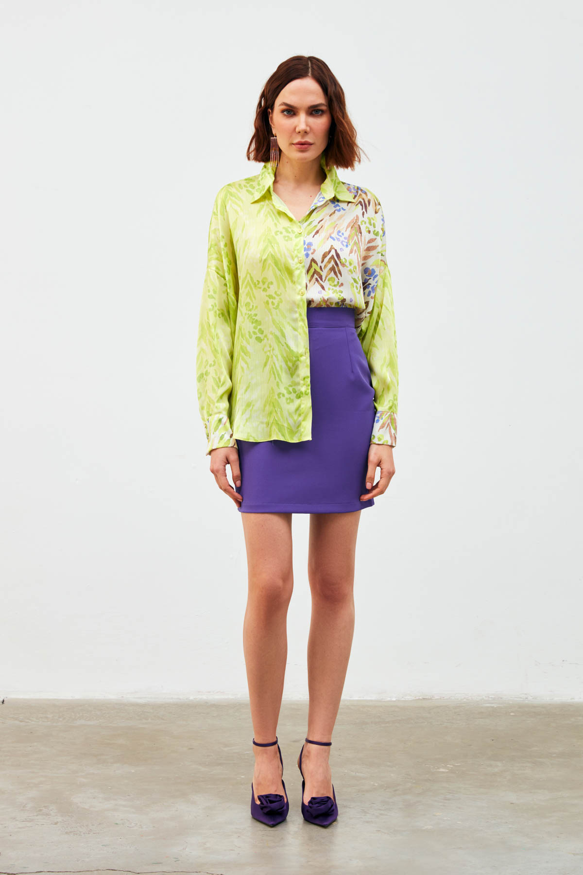 Kontrast Desenli Salaş Gömlek - SARI