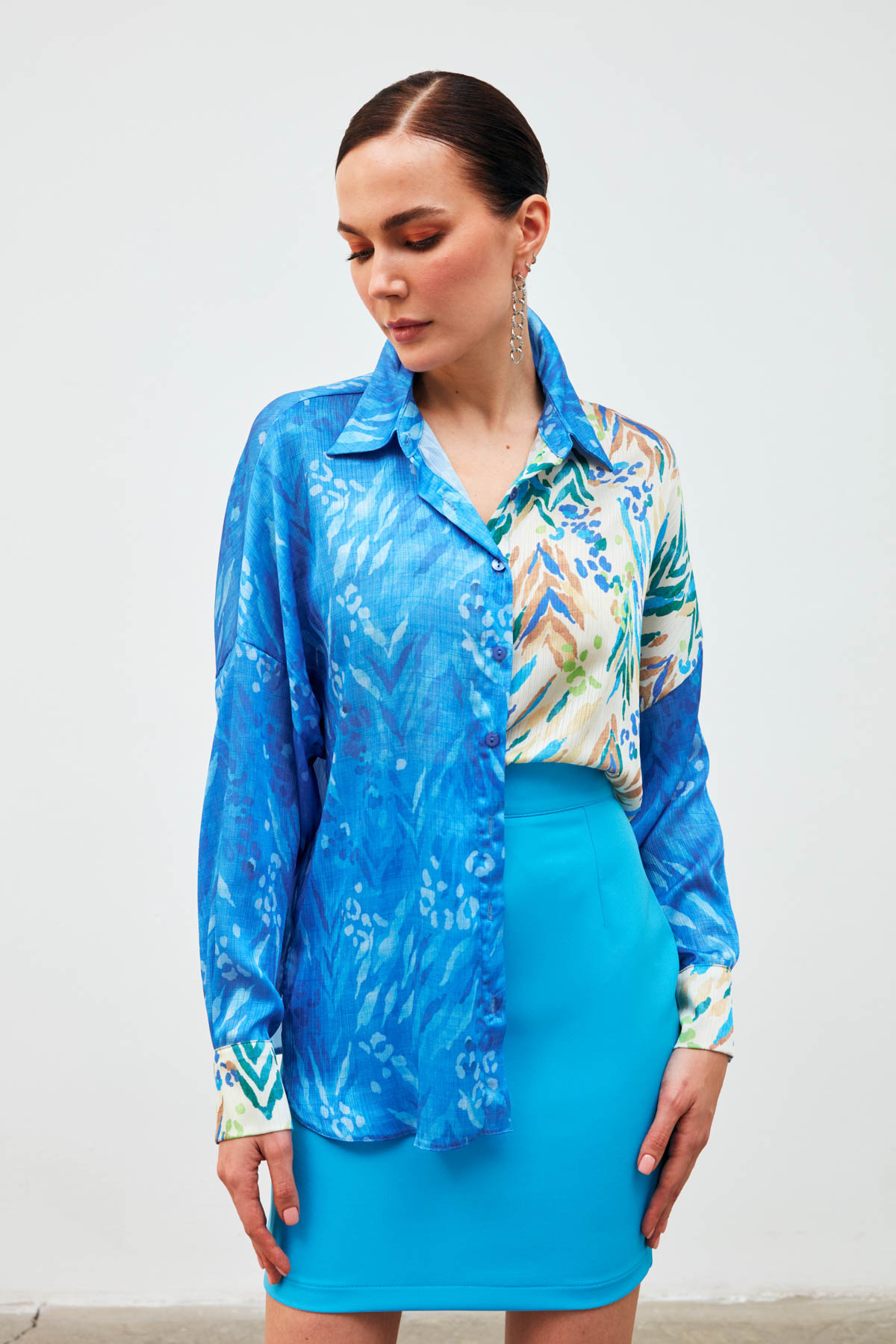 Kontrast Desenli Salaş Gömlek - SAX MAVİ