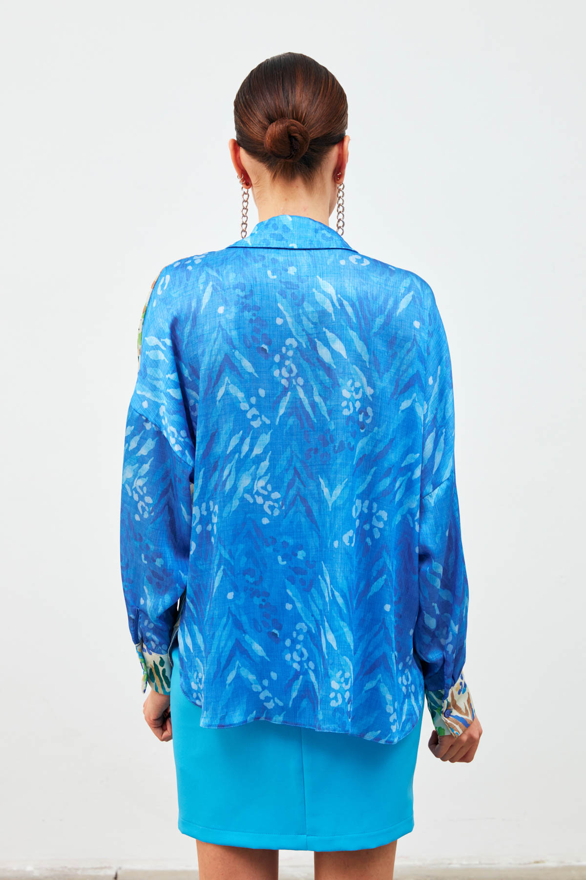 Kontrast Desenli Salaş Gömlek - SAX MAVİ