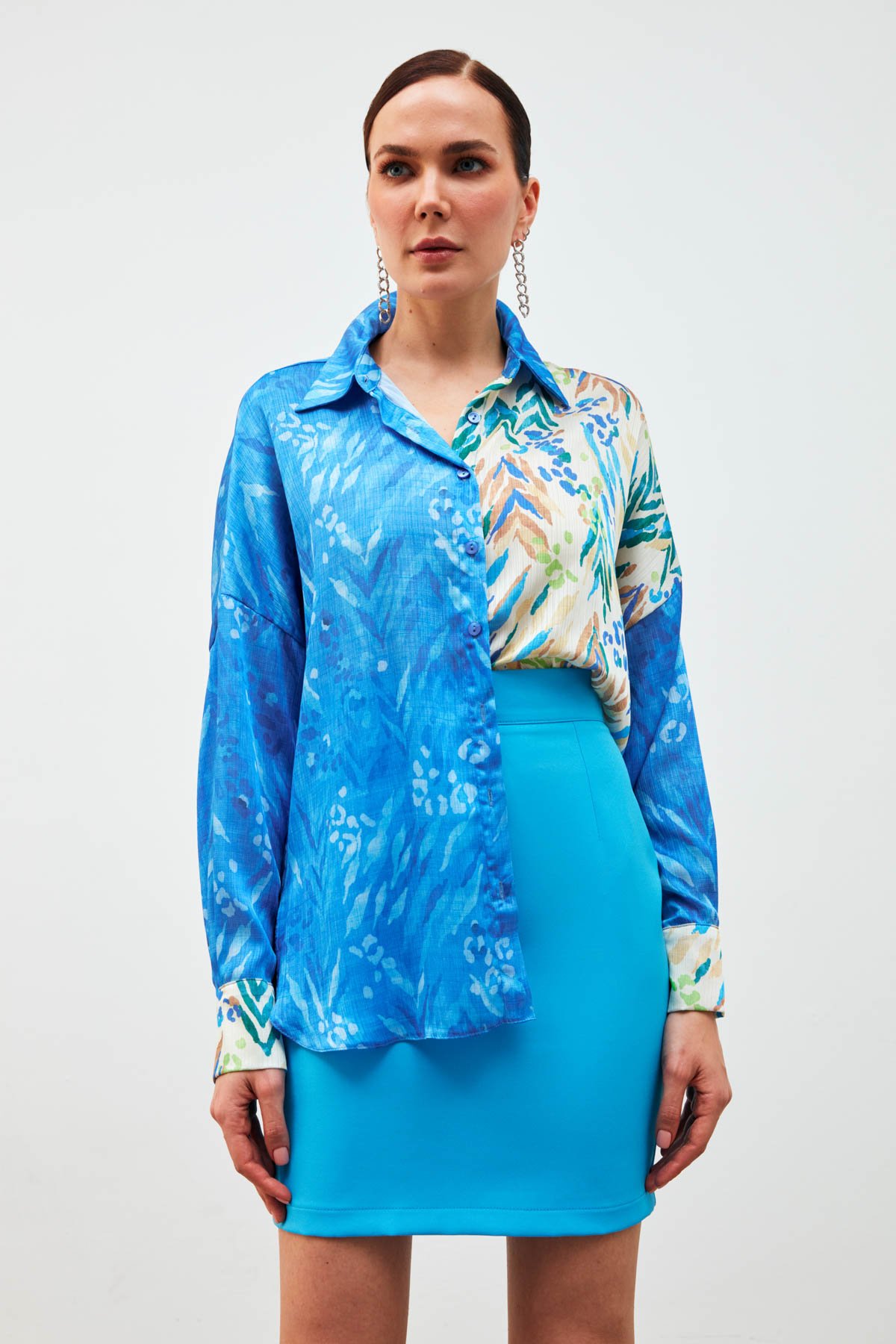 Kontrast Desenli Salaş Gömlek - SAX MAVİ