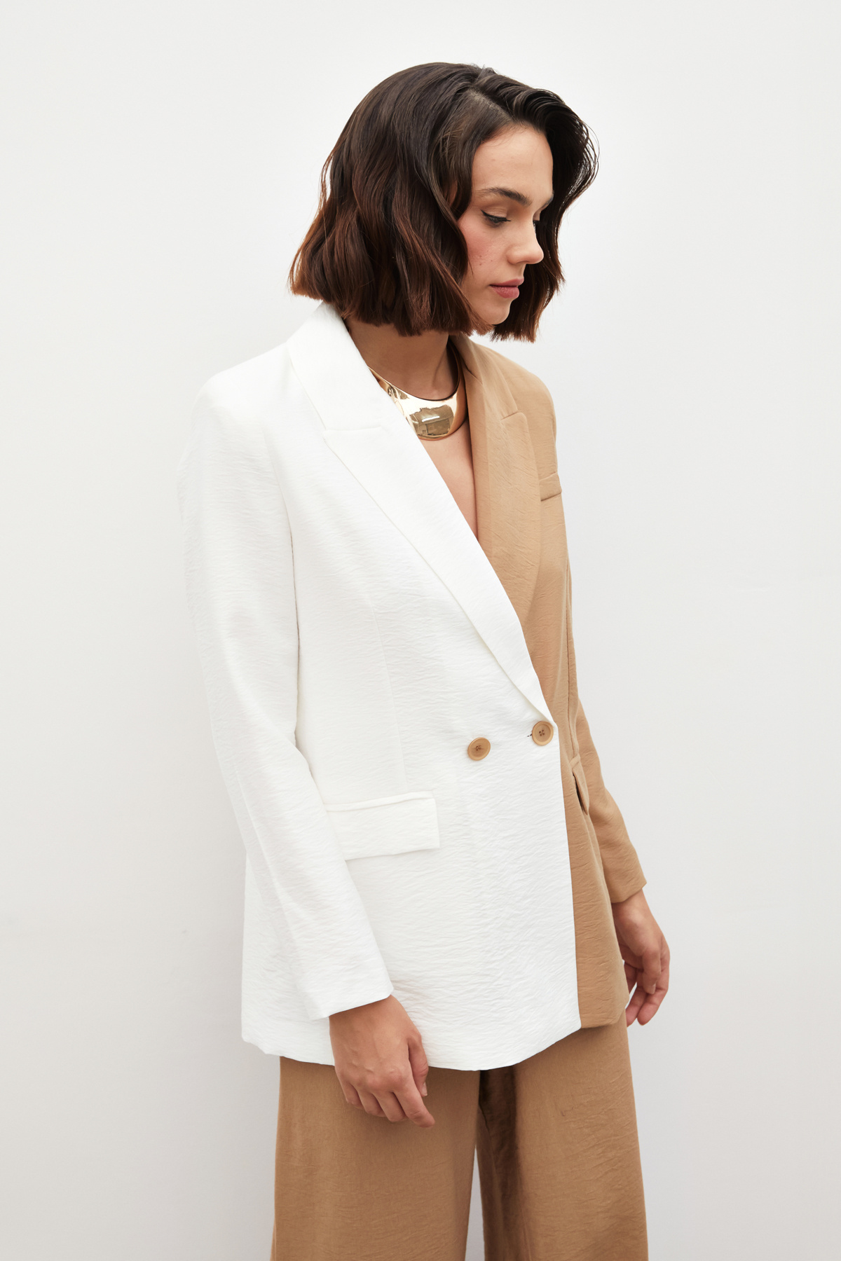 Kontrast Keten Ceket - EKRU-BEJ