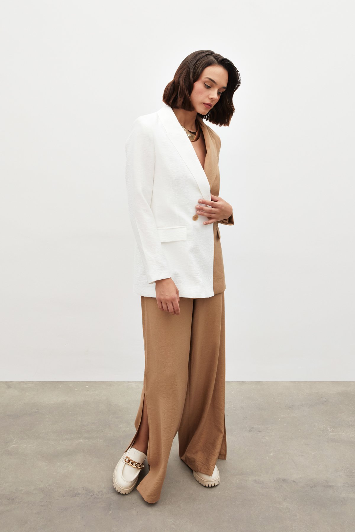 Kontrast Keten Ceket - EKRU-BEJ