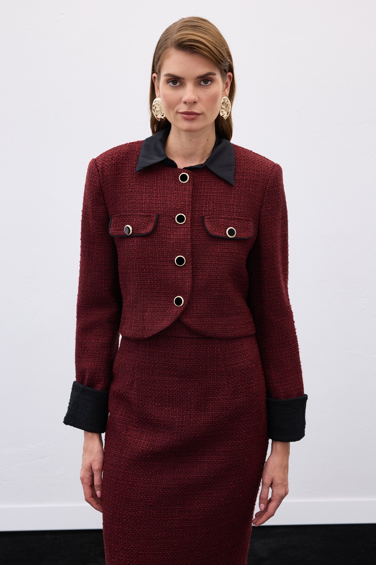 Kontrast Kısa Tüvit Ceket - Bordo