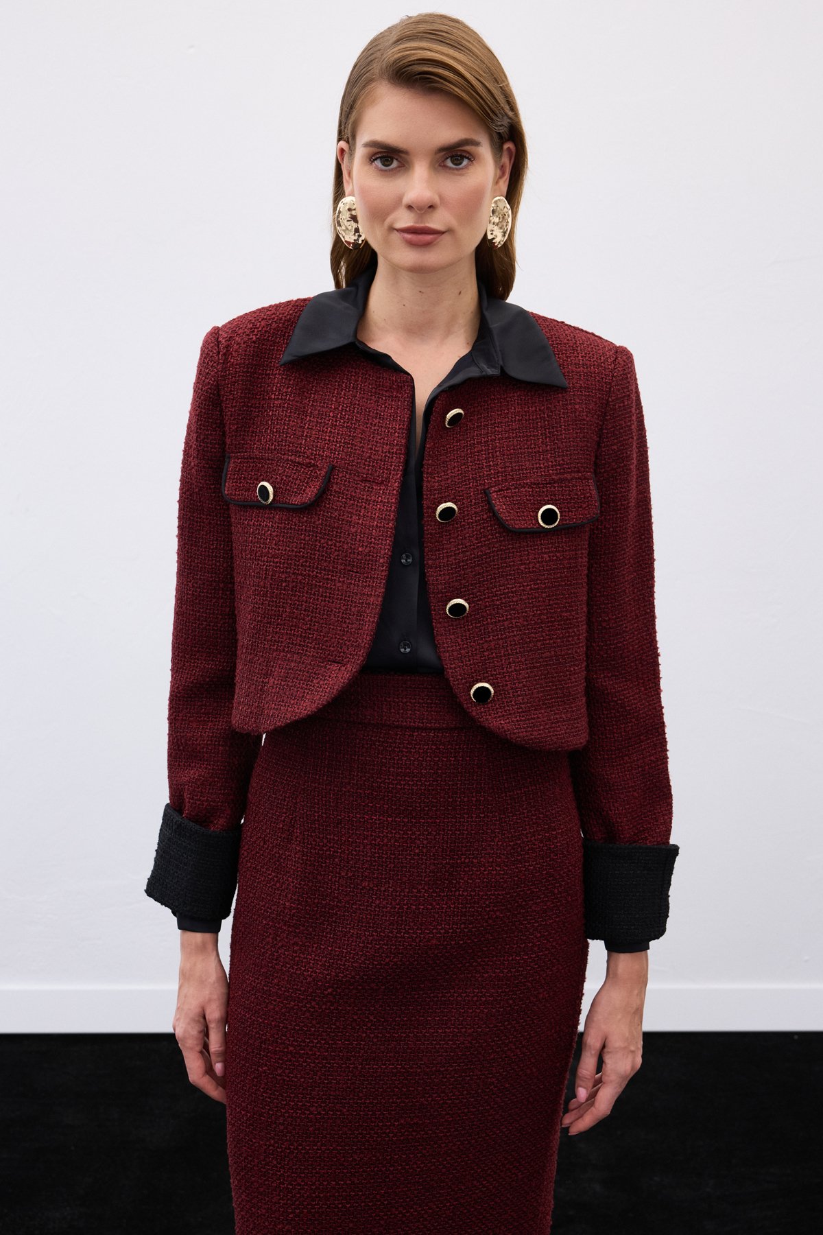 Kontrast Kısa Tüvit Ceket - Bordo