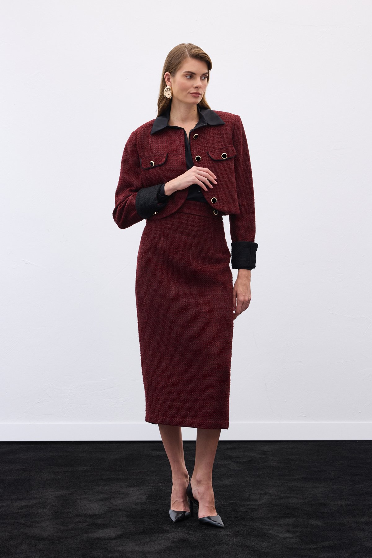 Kontrast Kısa Tüvit Ceket - Bordo