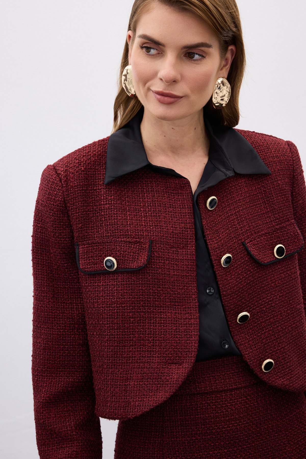 Kontrast Kısa Tüvit Ceket - Bordo