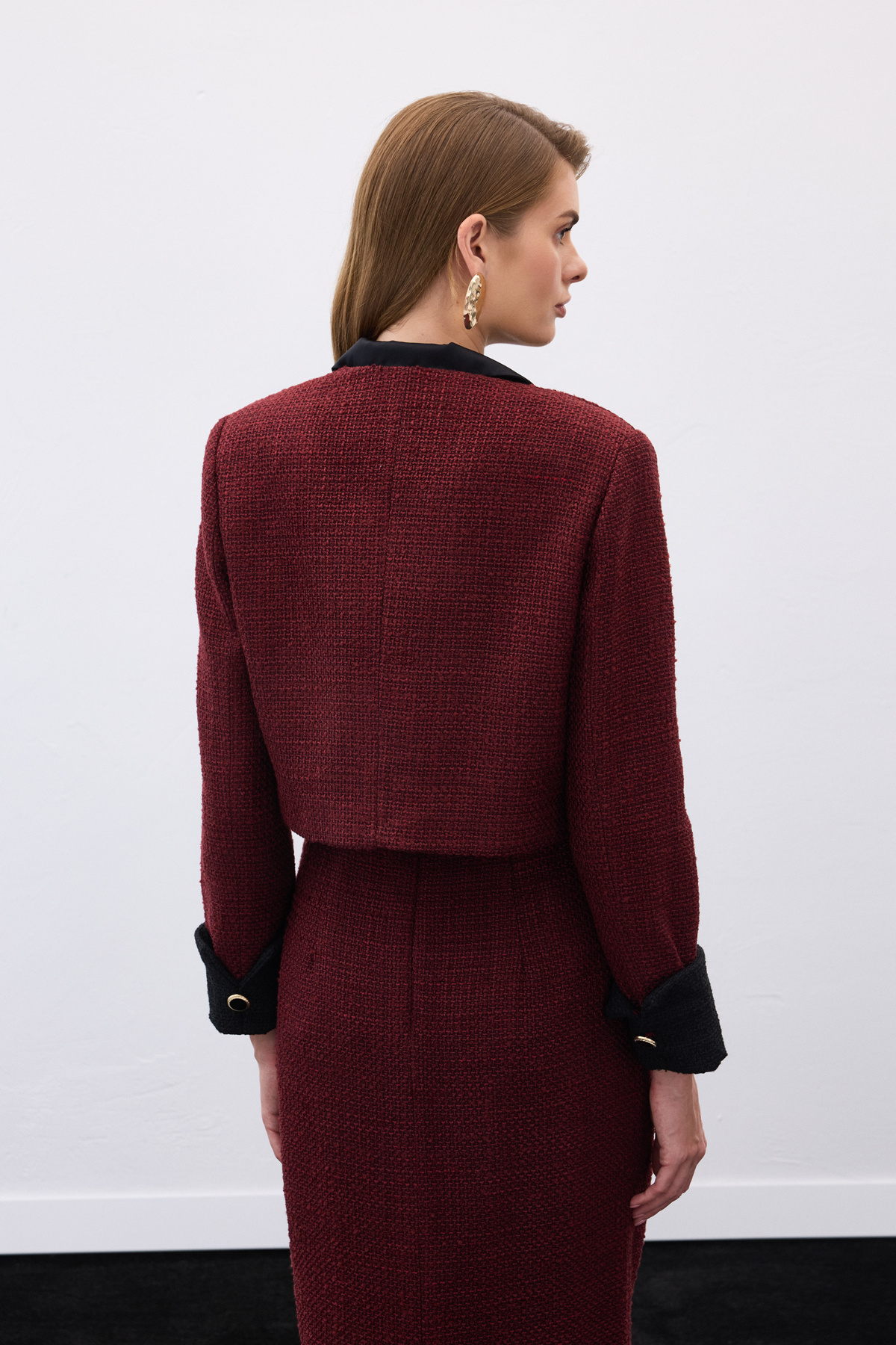 Kontrast Kısa Tüvit Ceket - Bordo