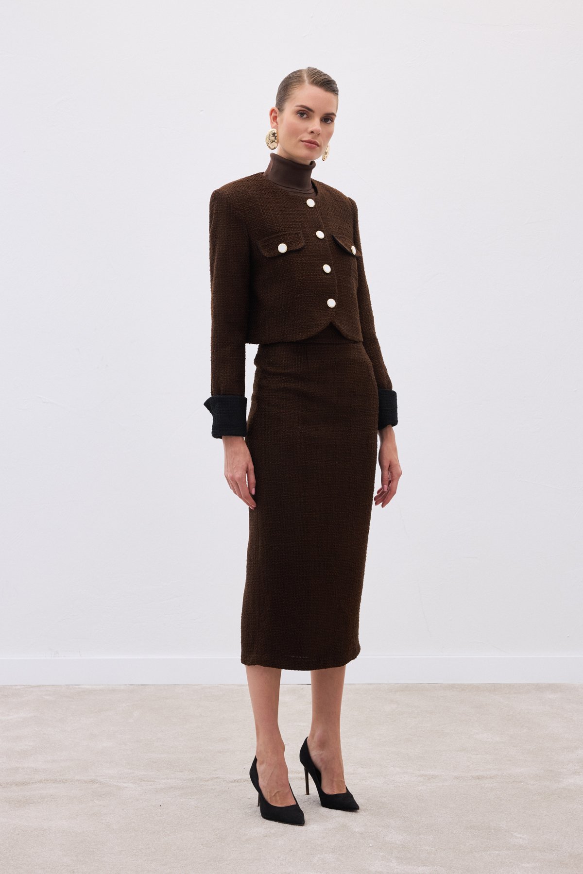 Kontrast Kısa Tüvit Ceket - Kahve