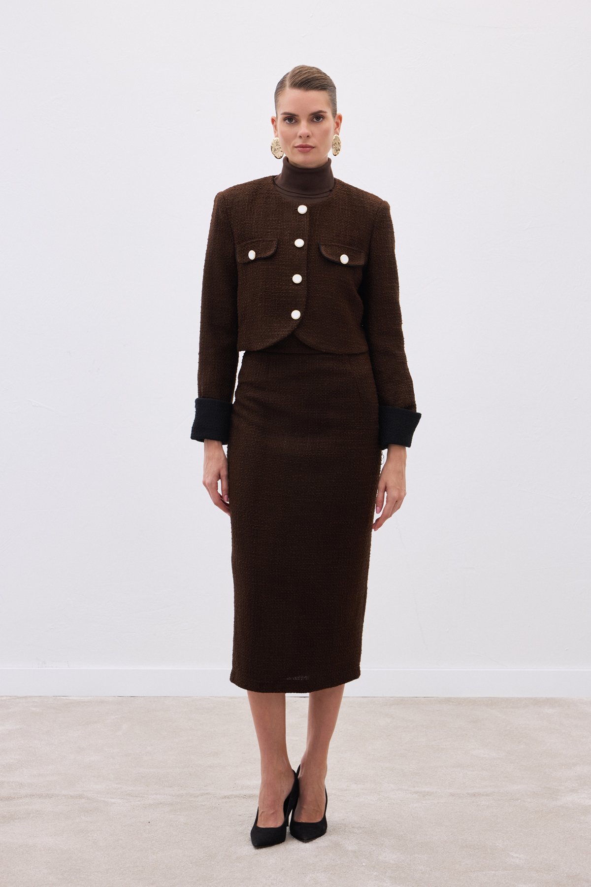 Kontrast Kısa Tüvit Ceket - Kahve