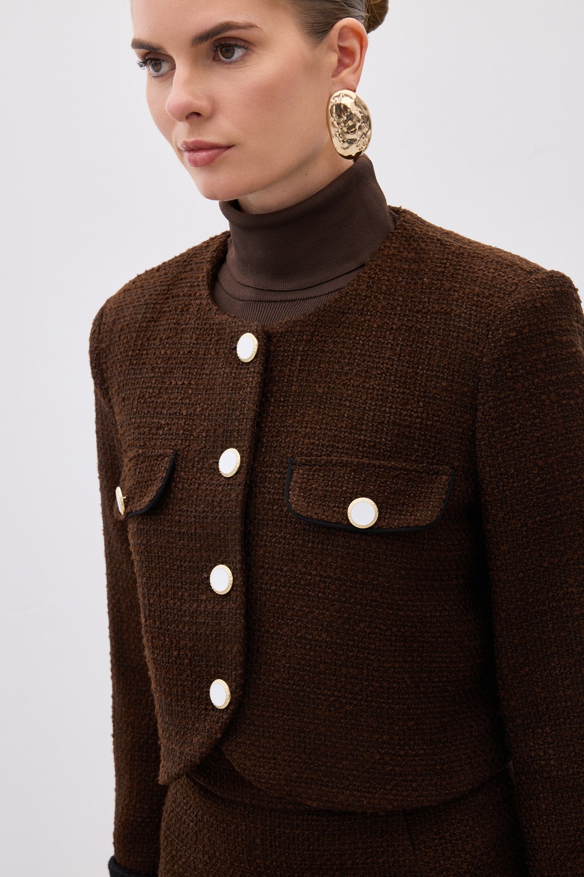 Kontrast Kısa Tüvit Ceket - Kahve