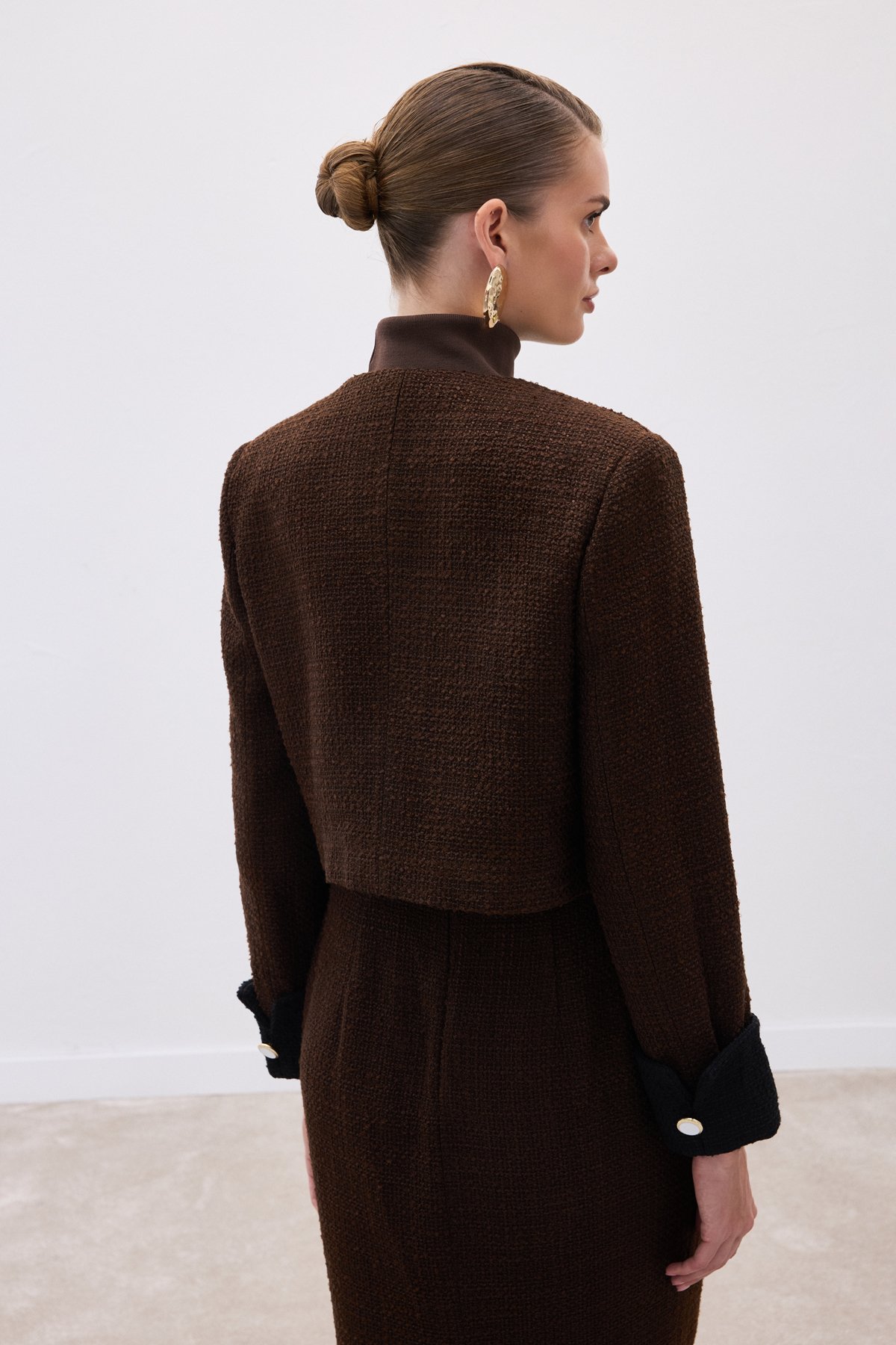 Kontrast Kısa Tüvit Ceket - Kahve