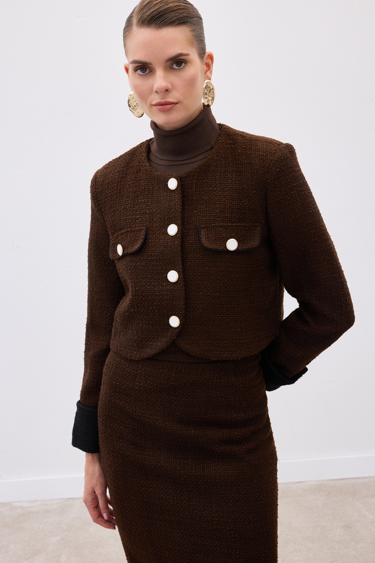 Kontrast Kısa Tüvit Ceket - Kahve