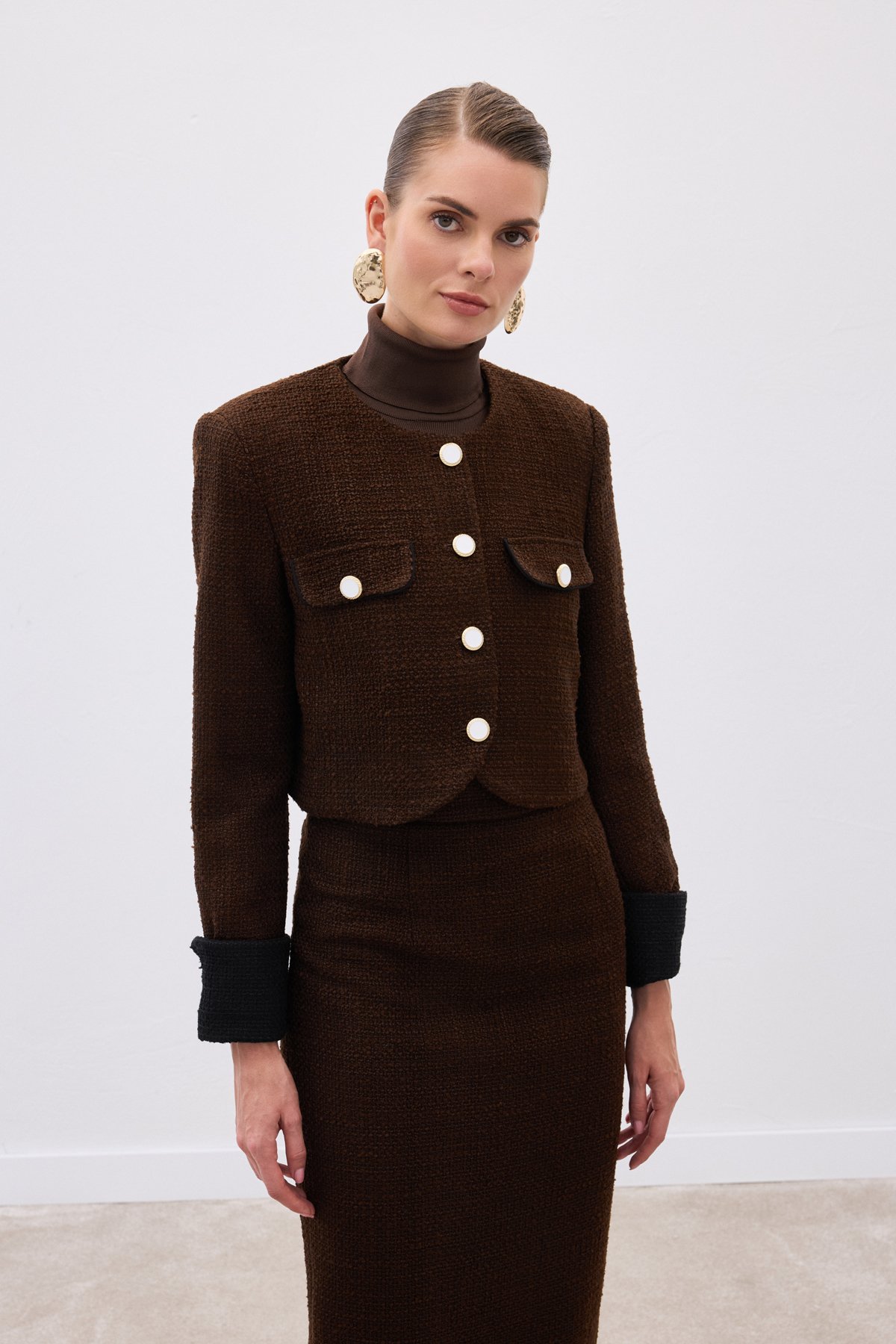Kontrast Kısa Tüvit Ceket - Kahve