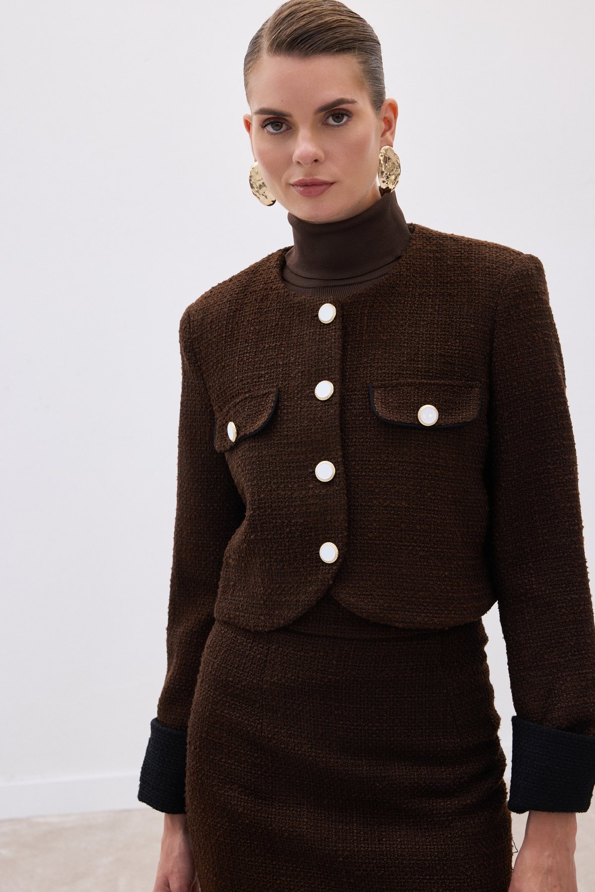 Kontrast Kısa Tüvit Ceket - Kahve