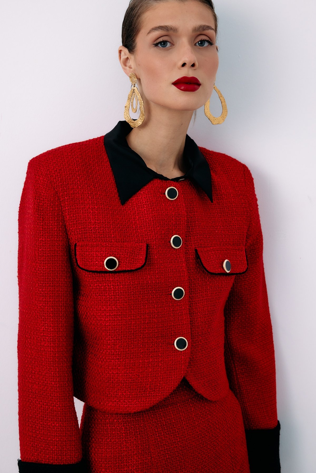 Kontrast Kısa Tüvit Ceket - KIRMIZI