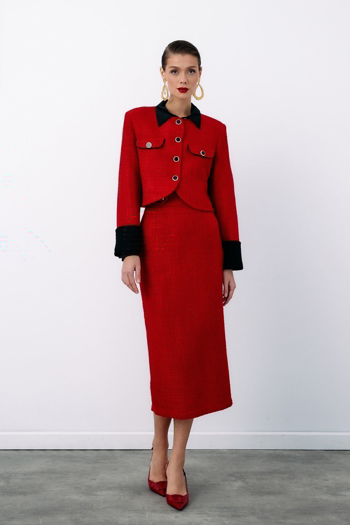 Kontrast Kısa Tüvit Ceket - KIRMIZI