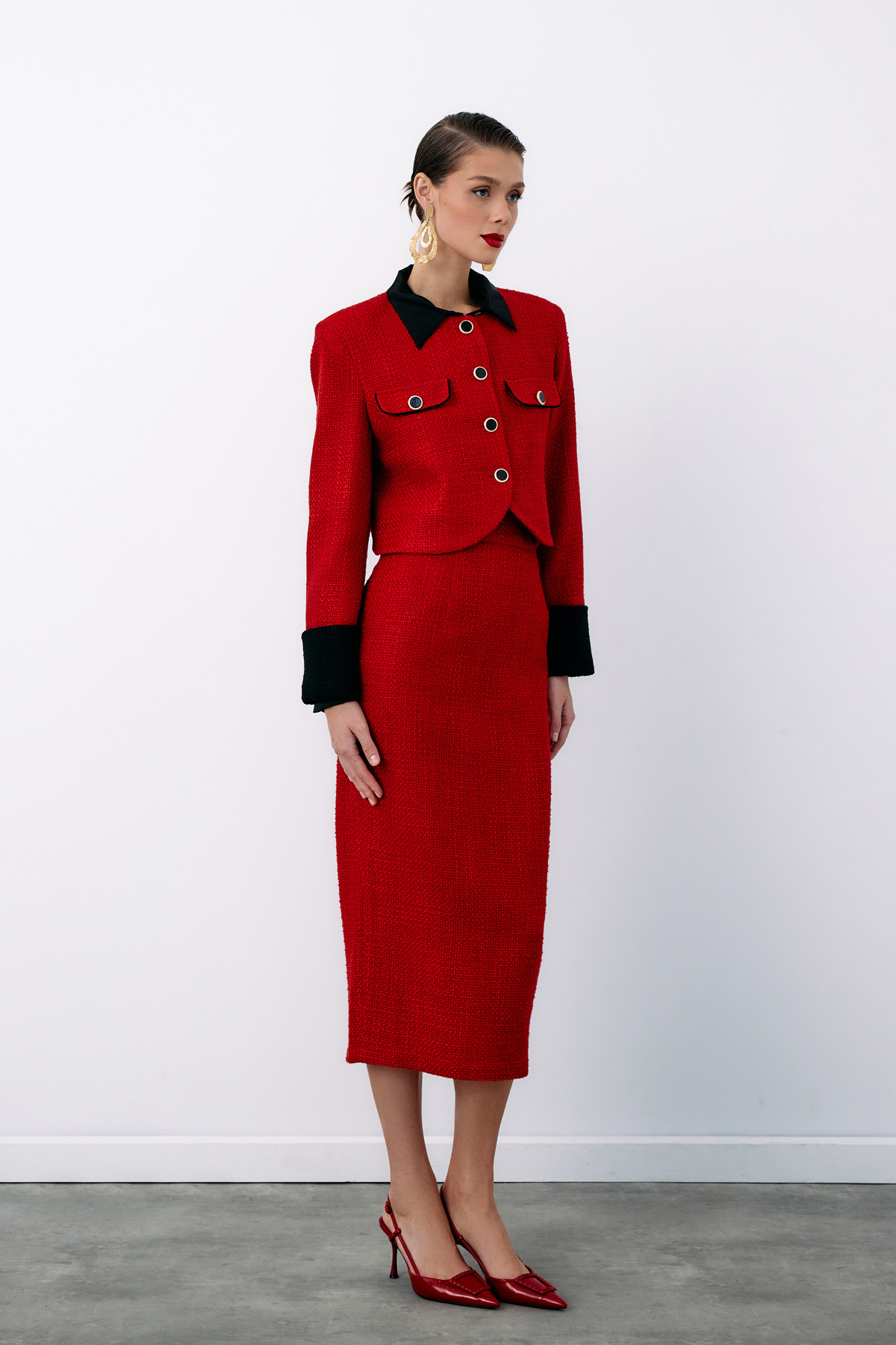 Kontrast Kısa Tüvit Ceket - KIRMIZI