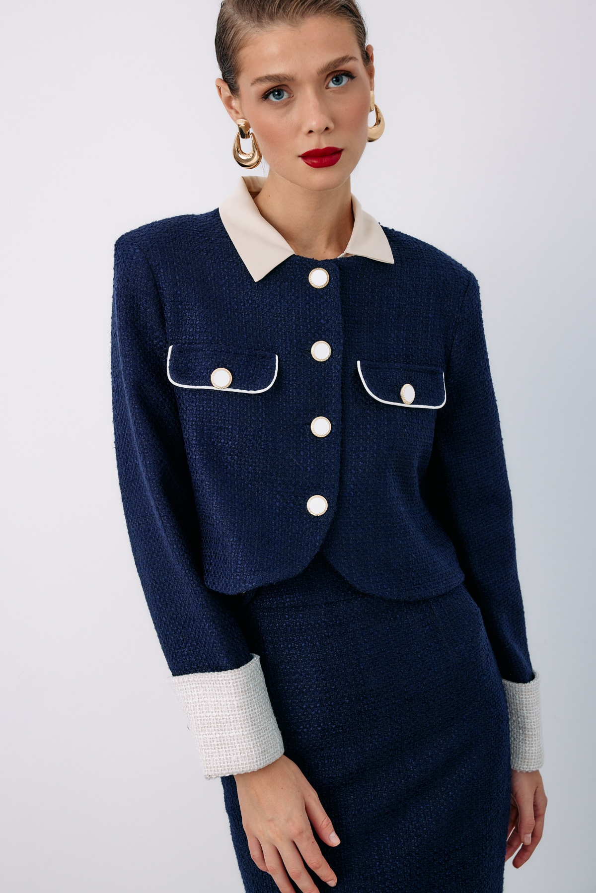 Kontrast Kısa Tüvit Ceket - LACİVERT