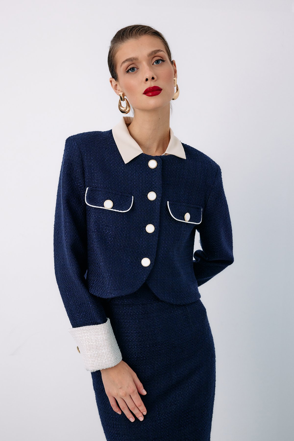 Kontrast Kısa Tüvit Ceket - LACİVERT