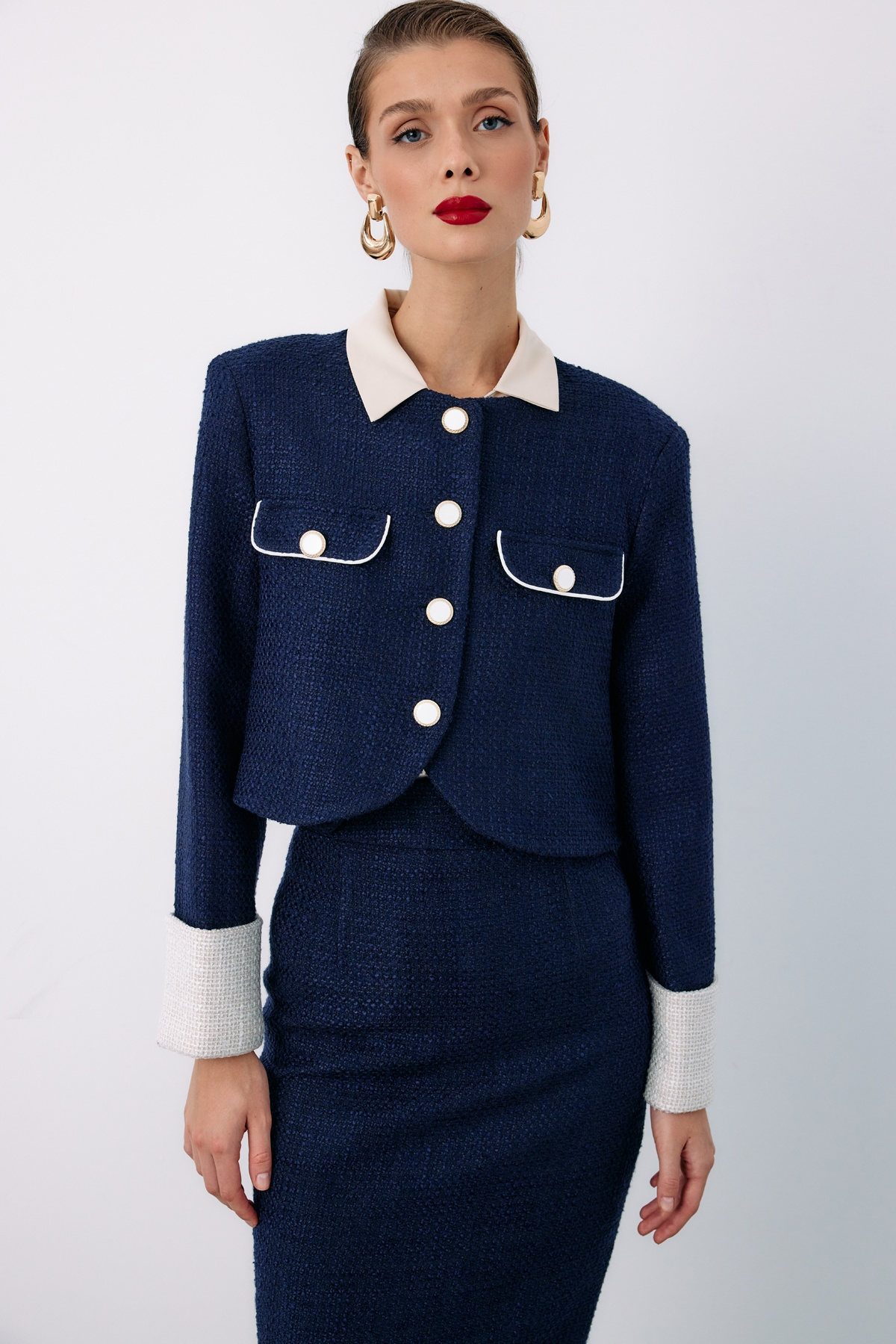 Kontrast Kısa Tüvit Ceket - LACİVERT