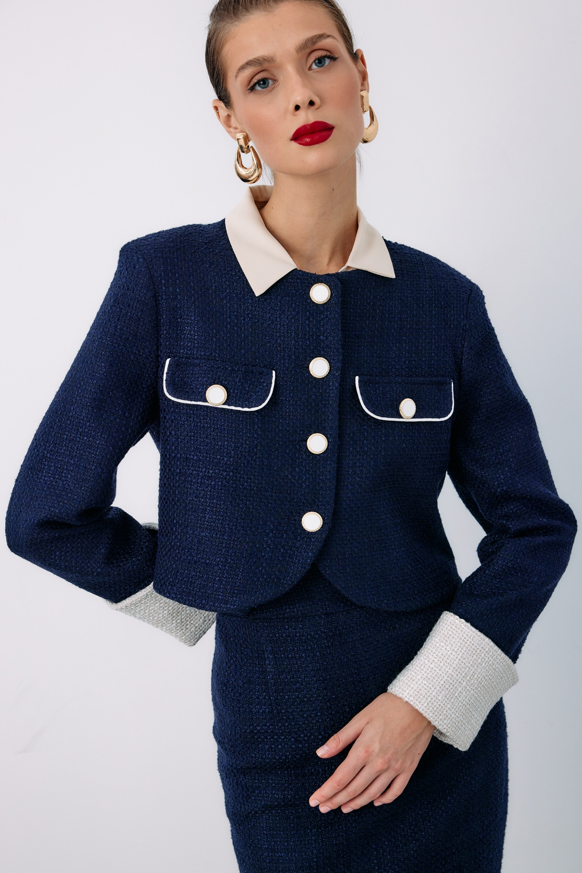 Kontrast Kısa Tüvit Ceket - LACİVERT