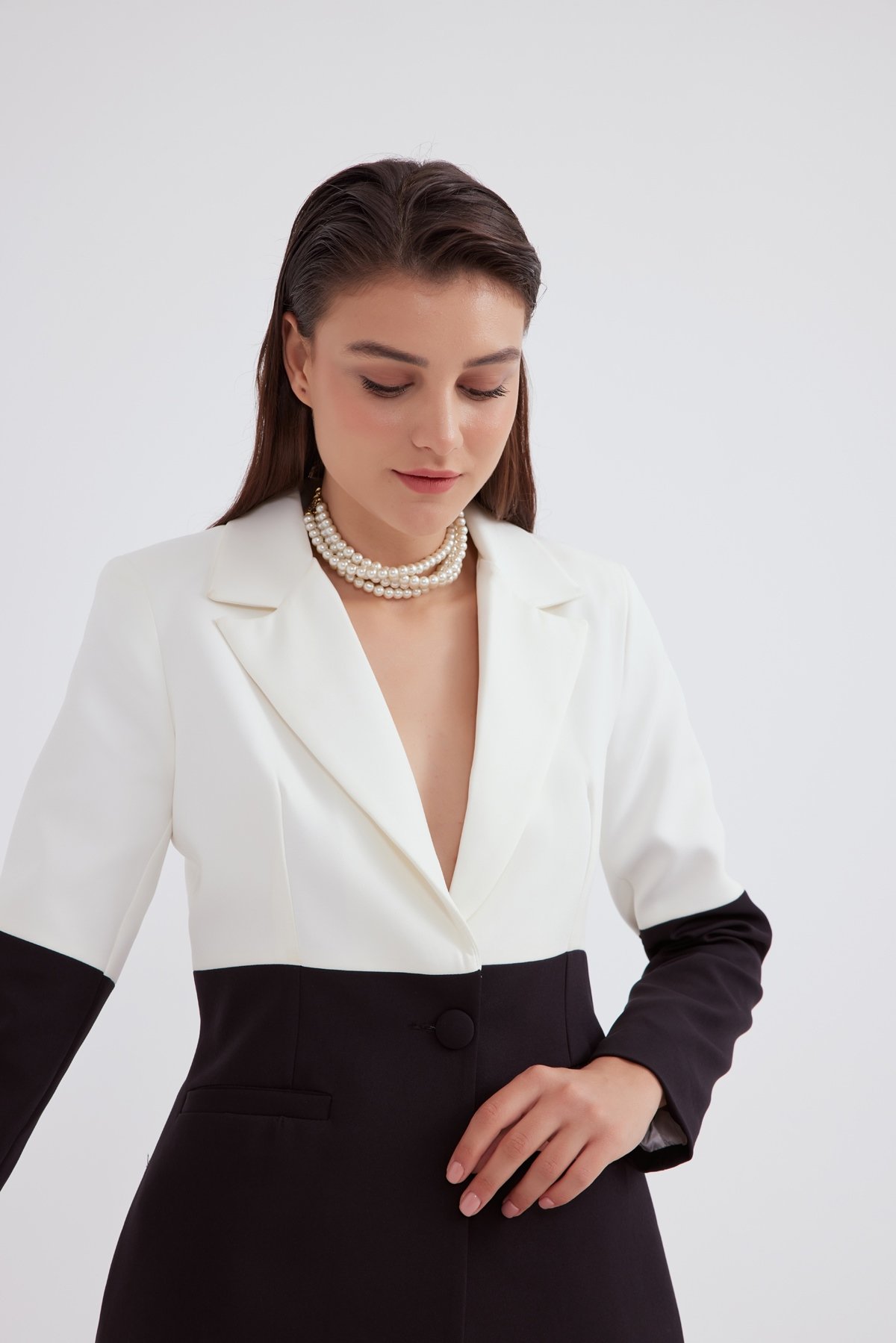 kontrast krep ceket - SİYAH-EKRU