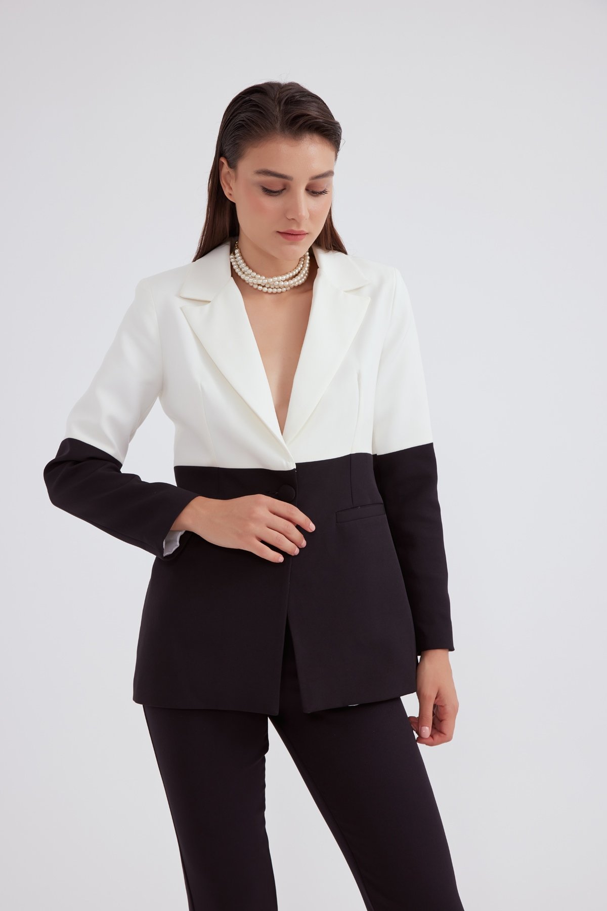 kontrast krep ceket - SİYAH-EKRU