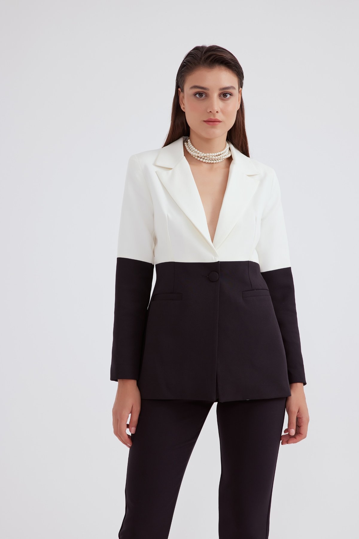 kontrast krep ceket - SİYAH-EKRU
