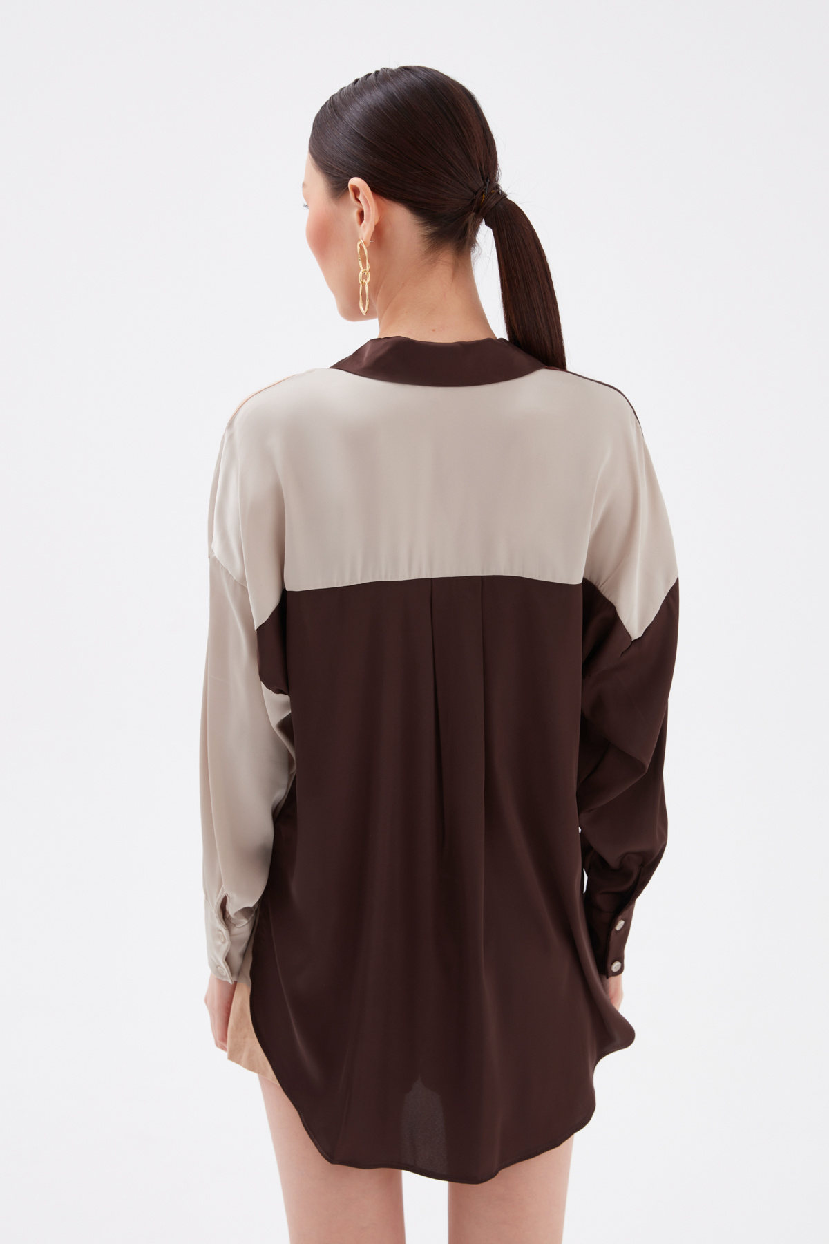 Kontrast oversize saten gömlek - BEJ-KAHVE