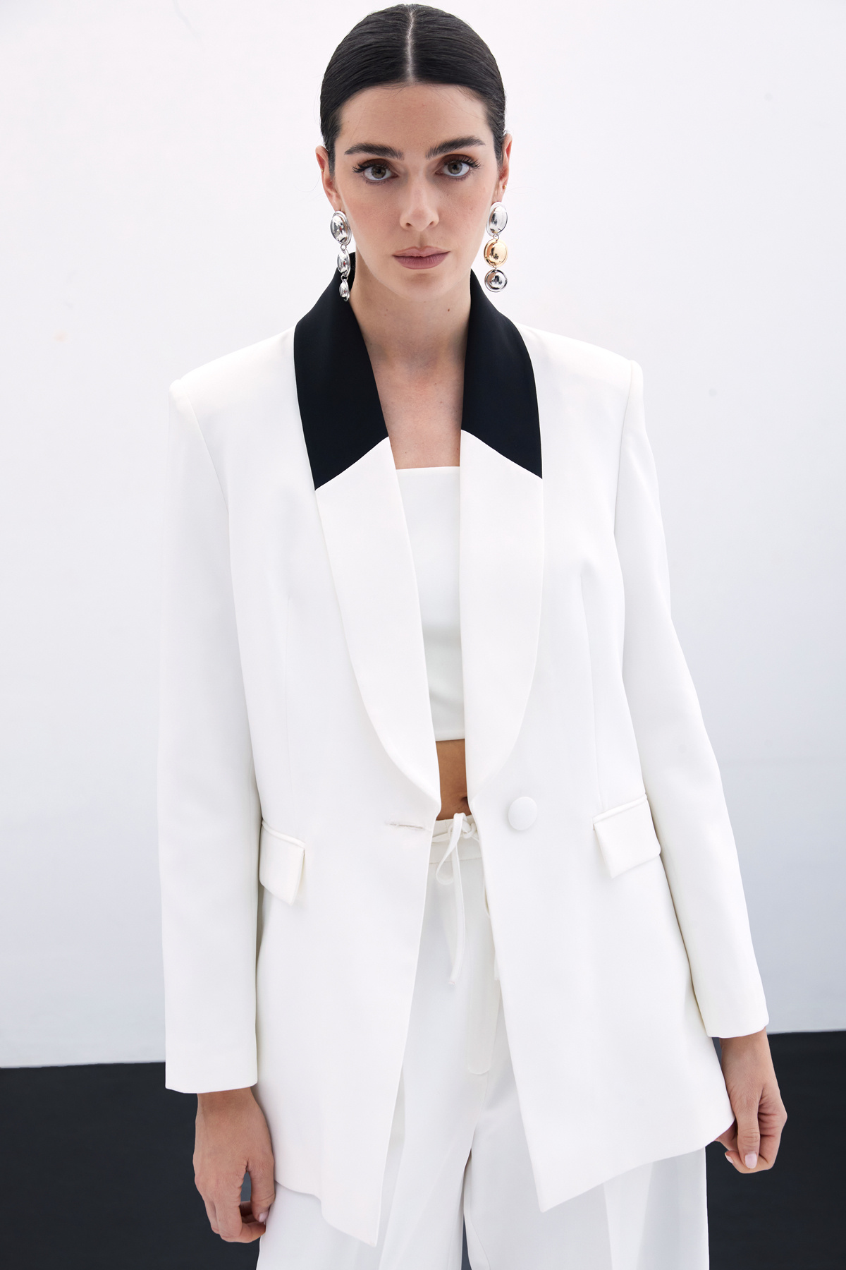 Kontrast Uzun Ceket - Ekru