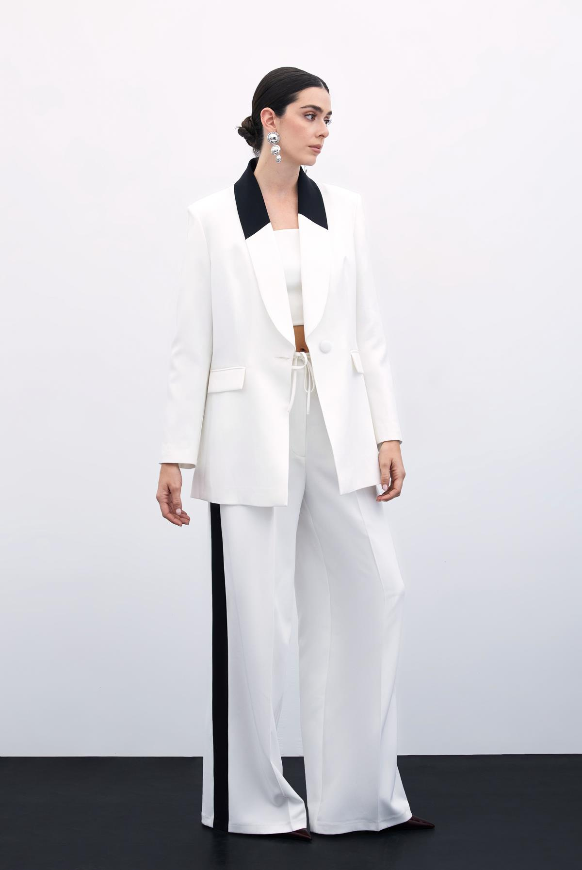 Kontrast Uzun Ceket - Ekru