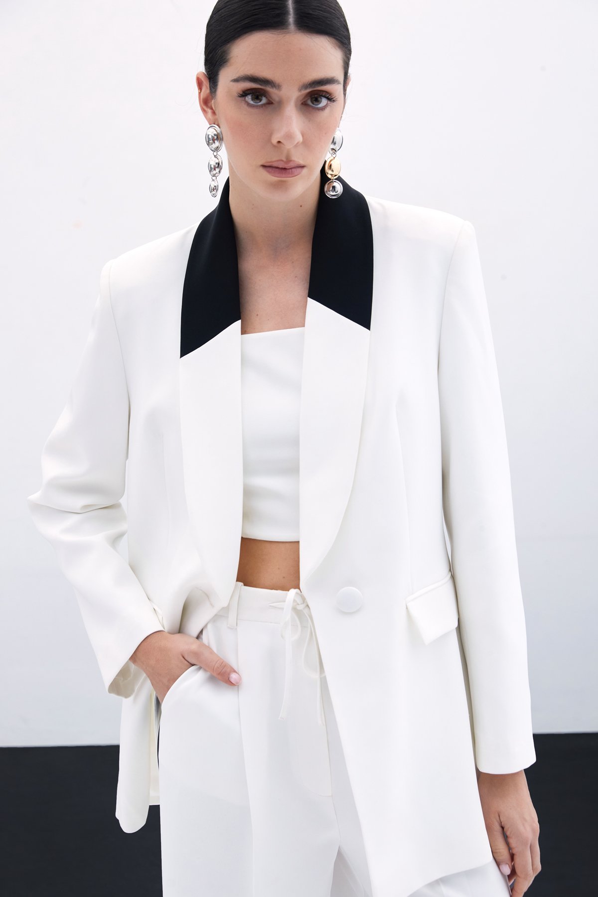 Kontrast Uzun Ceket - Ekru