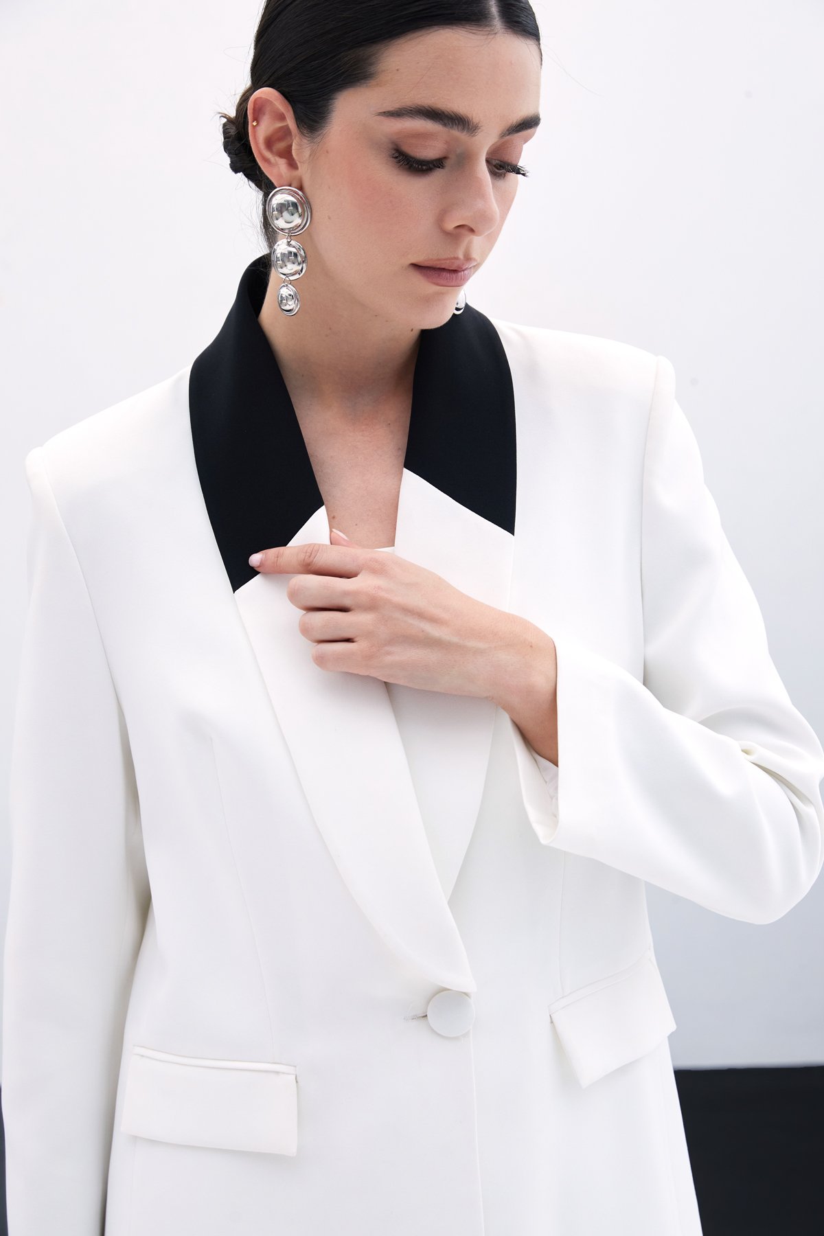 Kontrast Uzun Ceket - Ekru