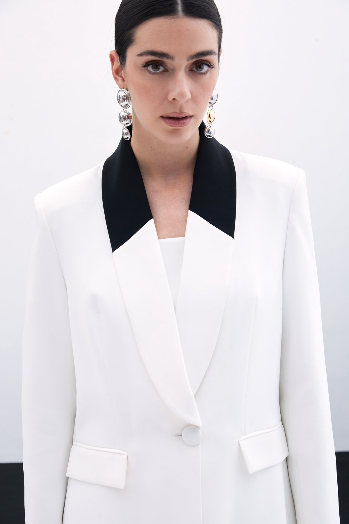 Kontrast Uzun Ceket - Ekru