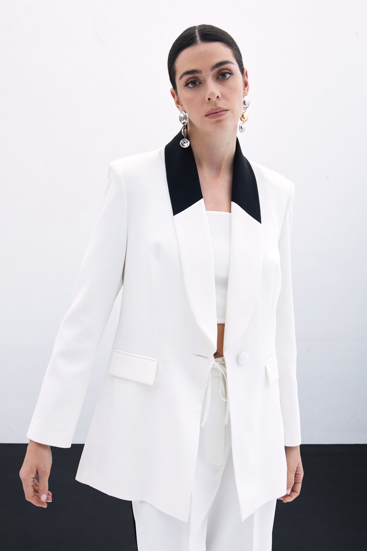 Kontrast Uzun Ceket - Ekru