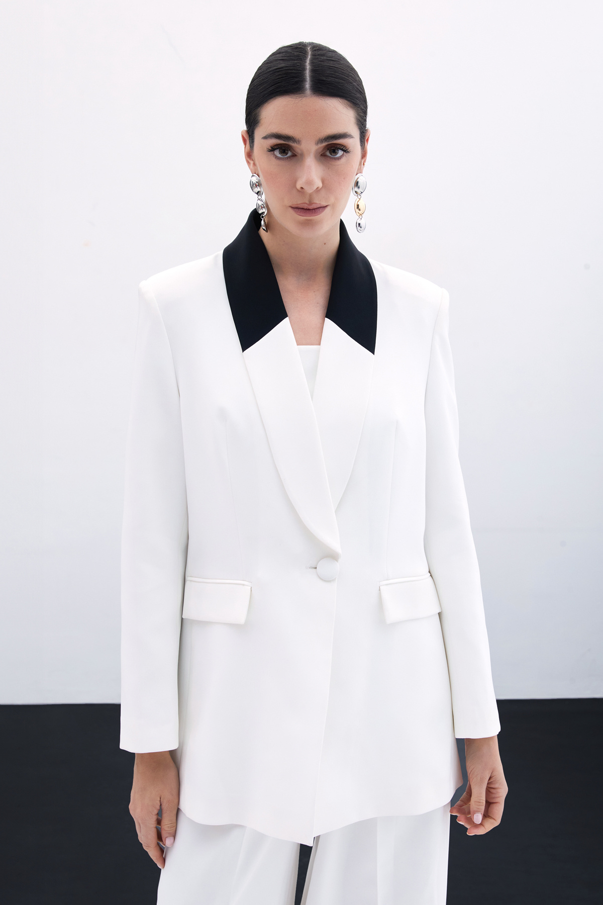 Kontrast Uzun Ceket - Ekru