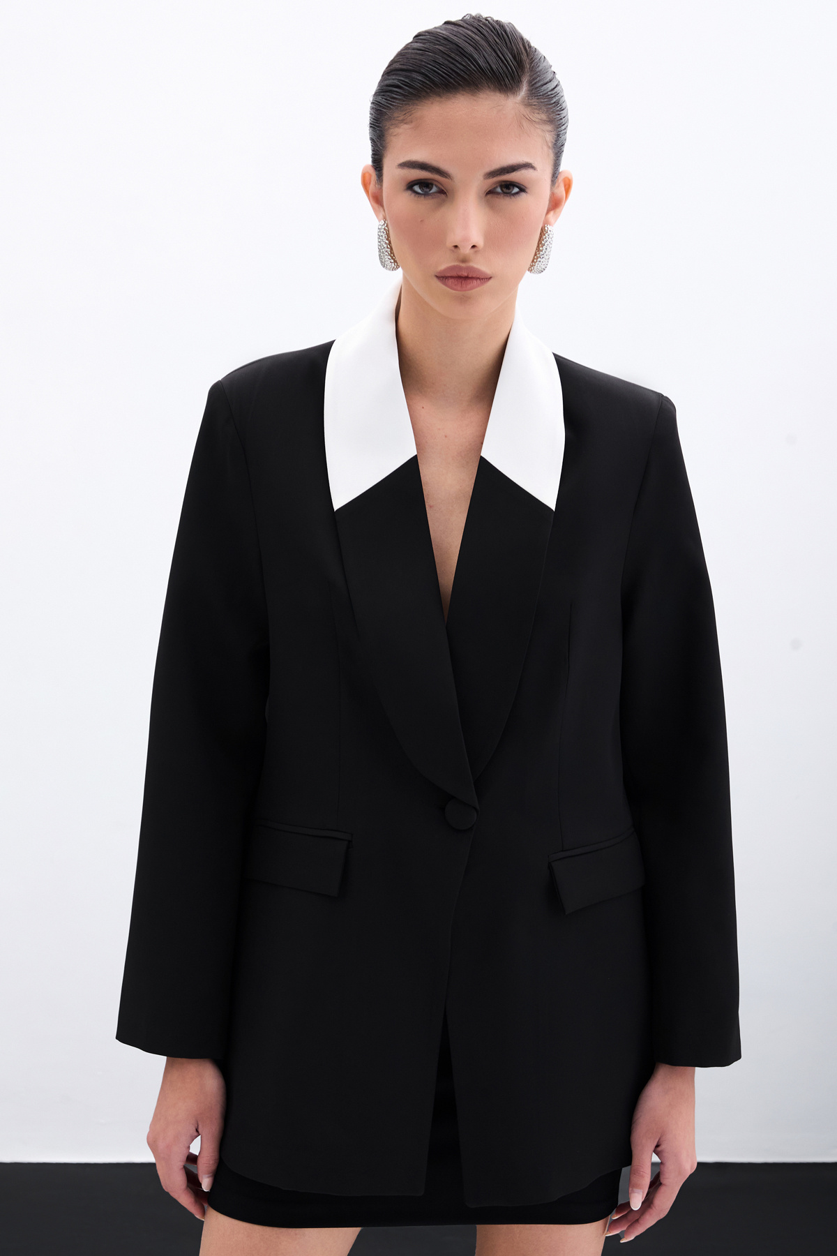 Kontrast Uzun Ceket - Siyah