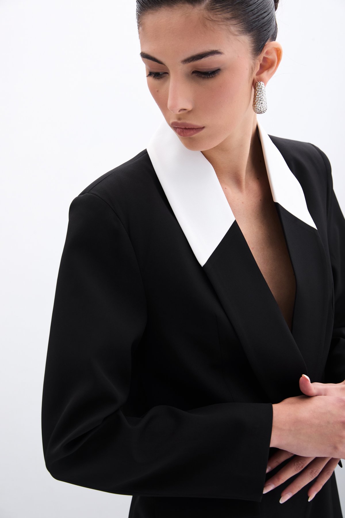 Kontrast Uzun Ceket - Siyah