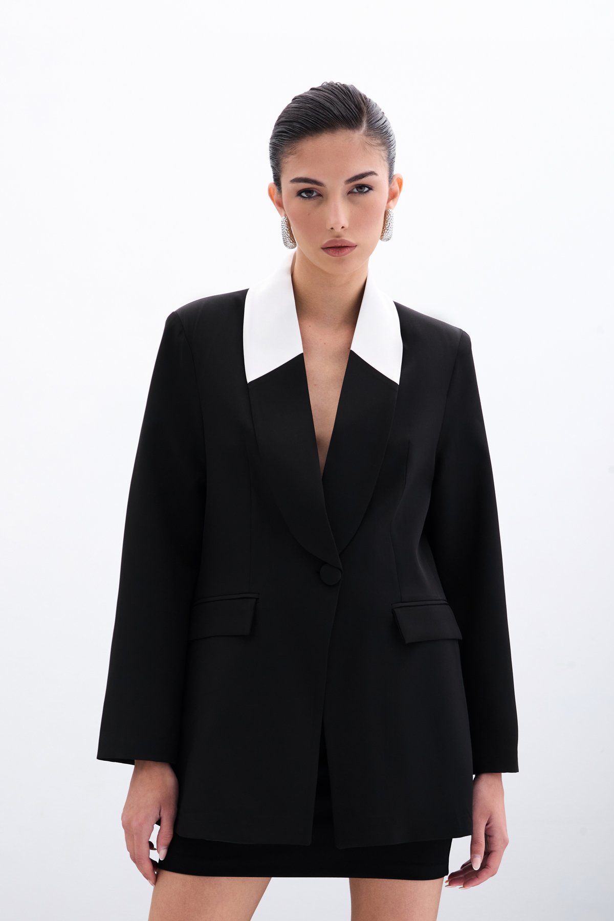 Kontrast Uzun Ceket - Siyah