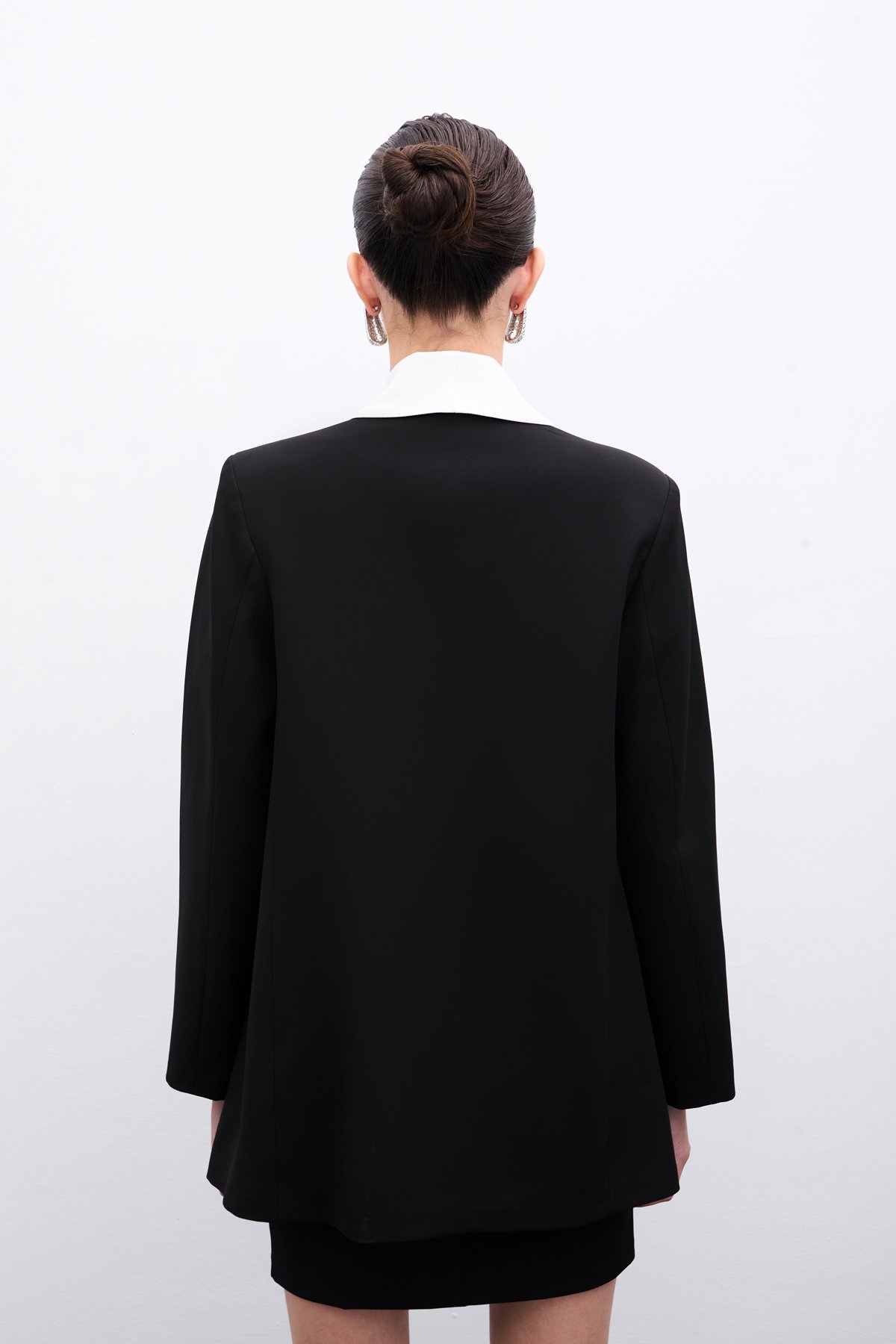 Kontrast Uzun Ceket - Siyah