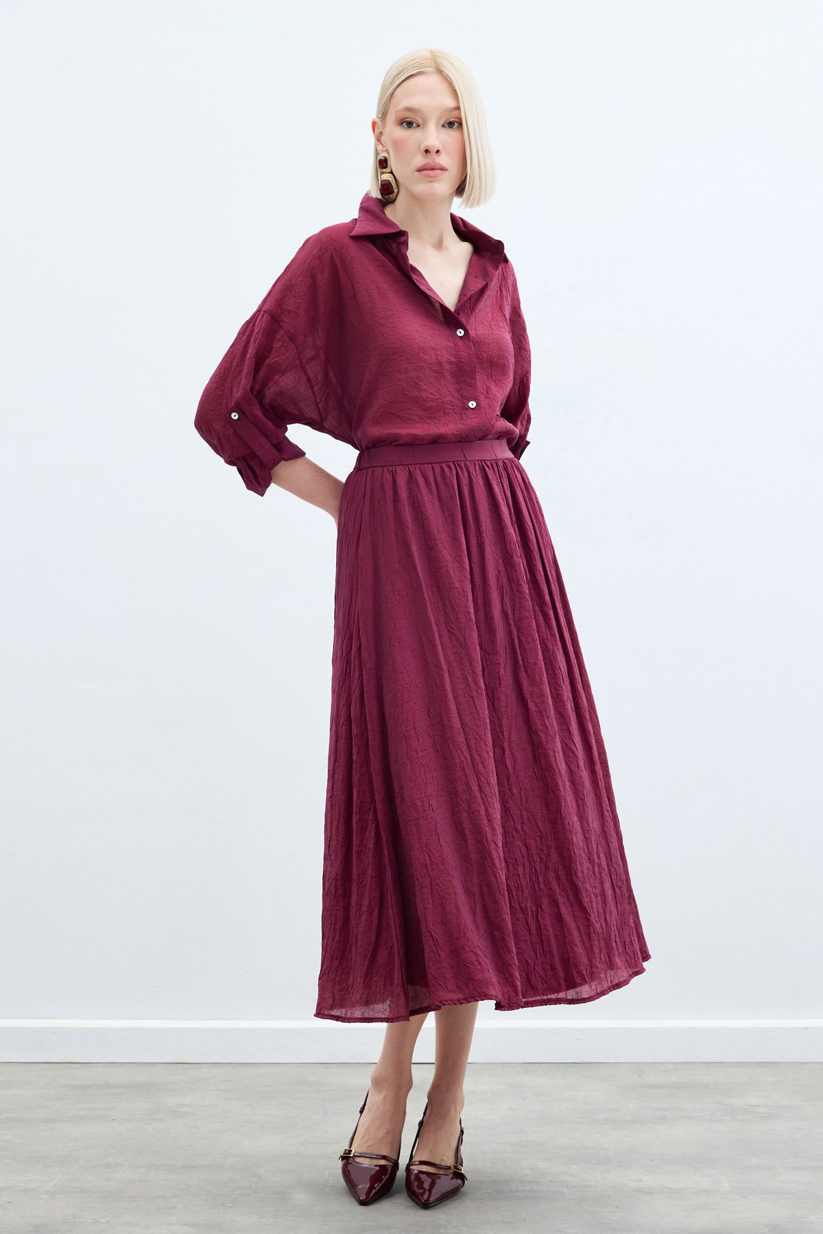 Kraşlı Kloş  Etek - Bordo