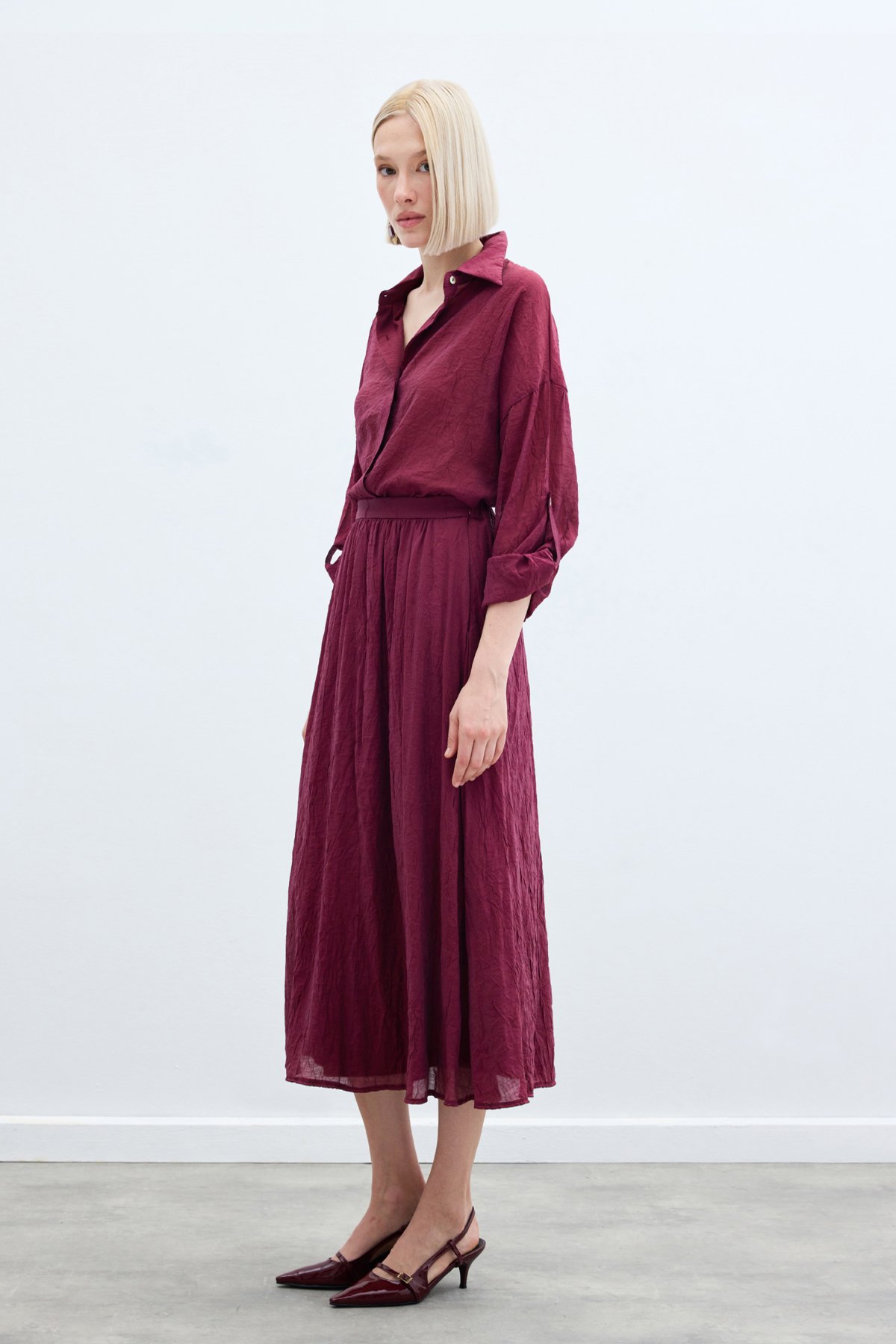 Kraşlı Kloş  Etek - Bordo