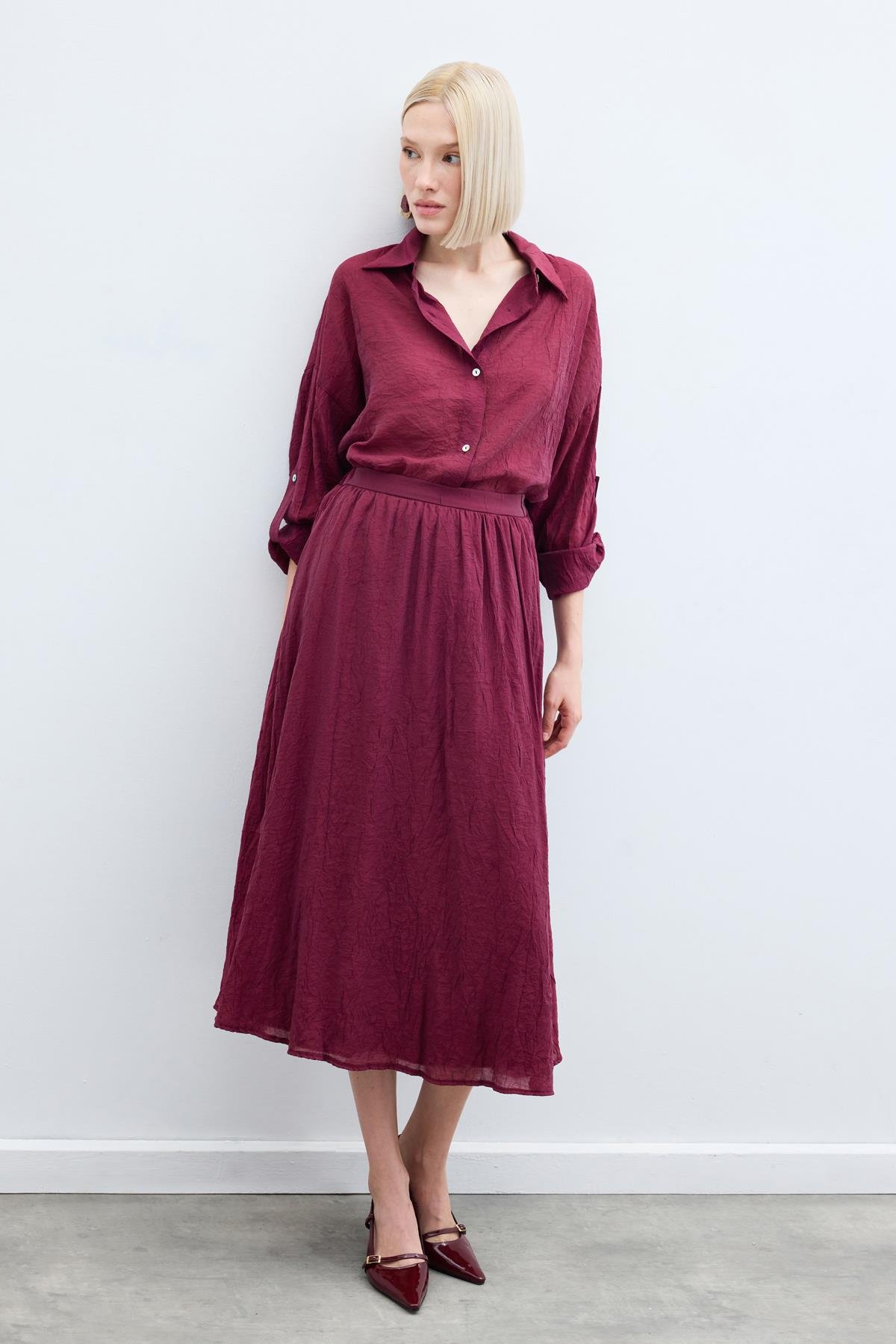 Kraşlı Kloş  Etek - Bordo