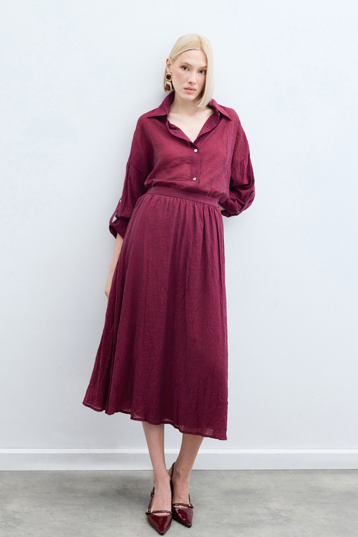 Kraşlı Kloş  Etek - Bordo