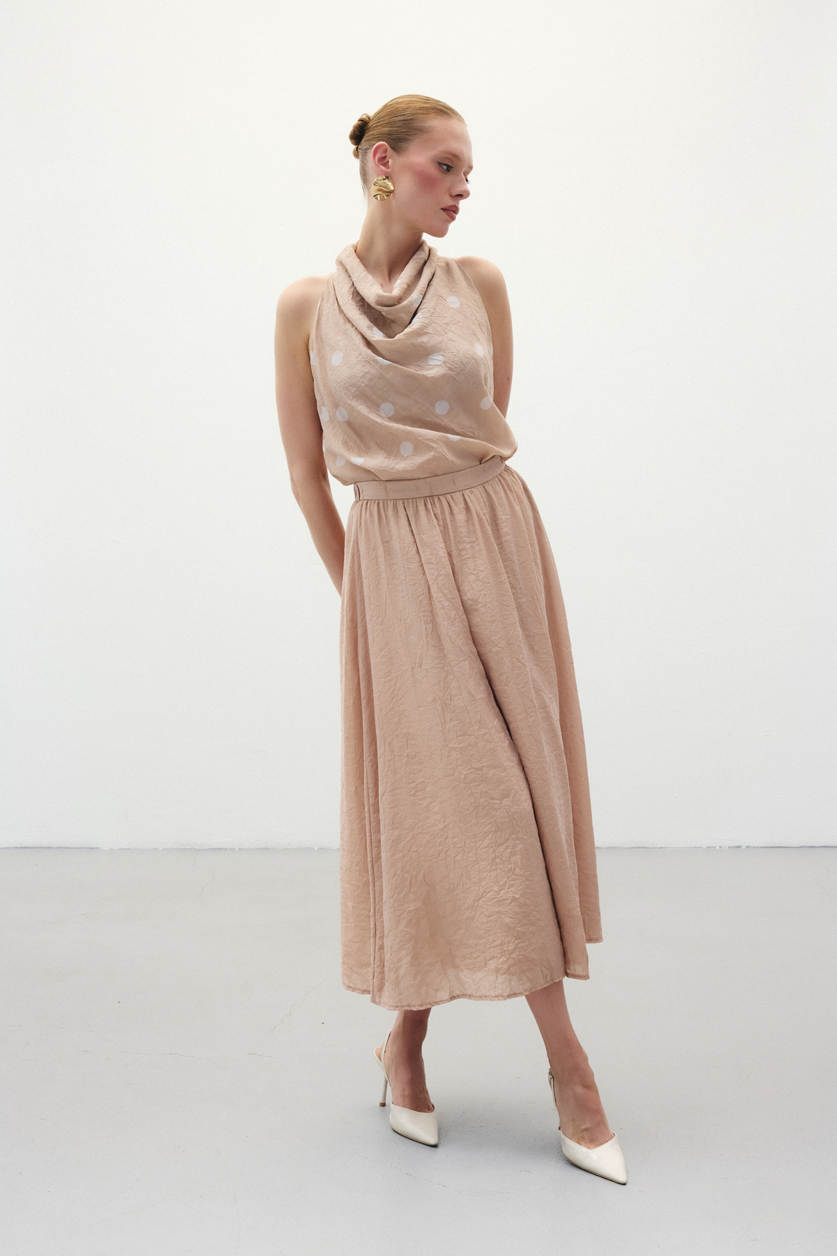 Kraşlı Kloş  Etek - Pudra