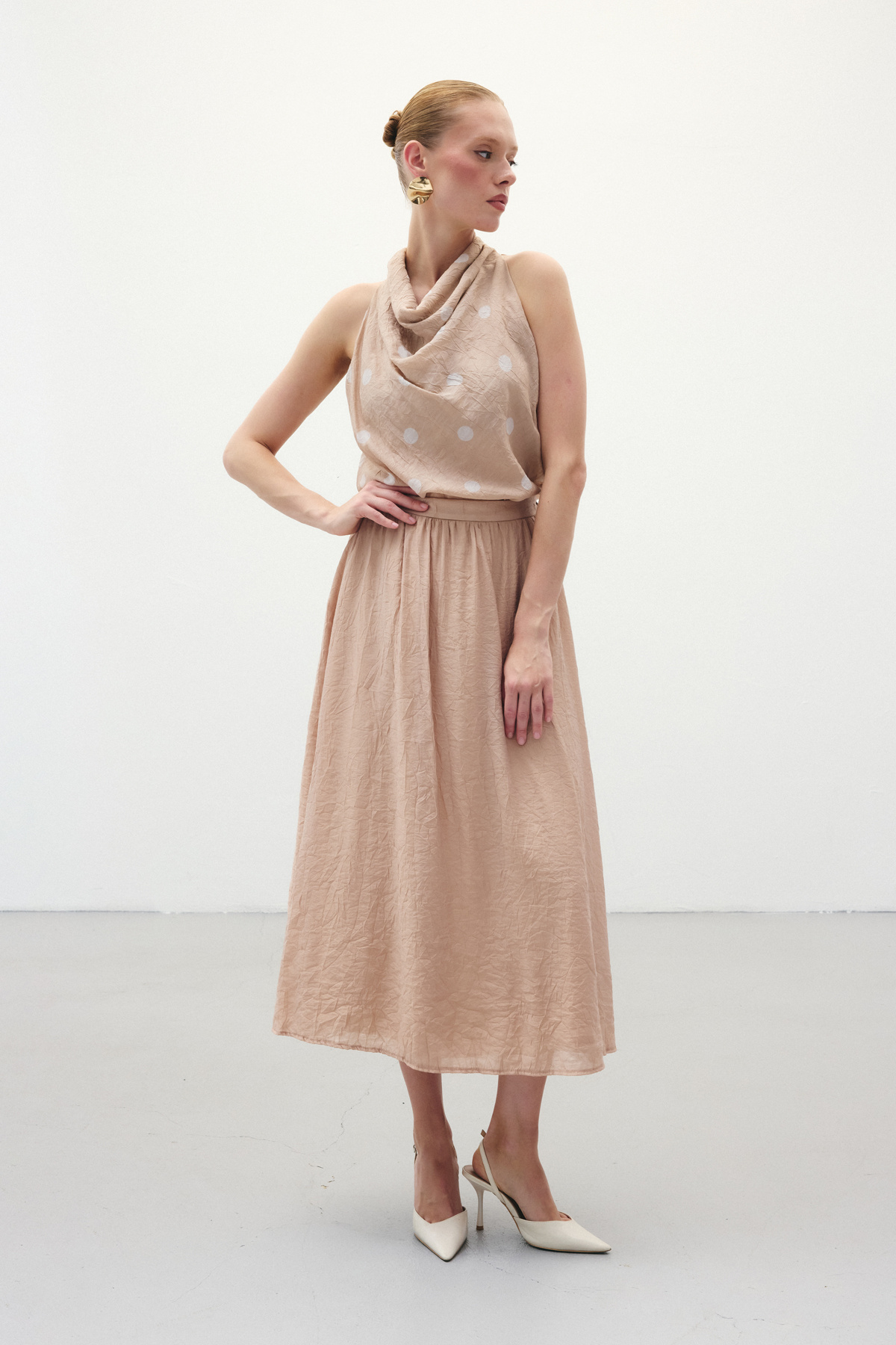 Kraşlı Kloş  Etek - Pudra