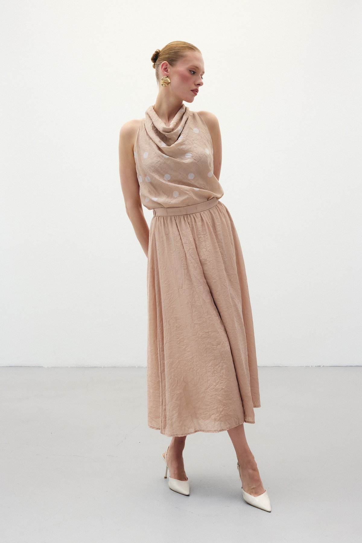 Kraşlı Kloş  Etek - Pudra