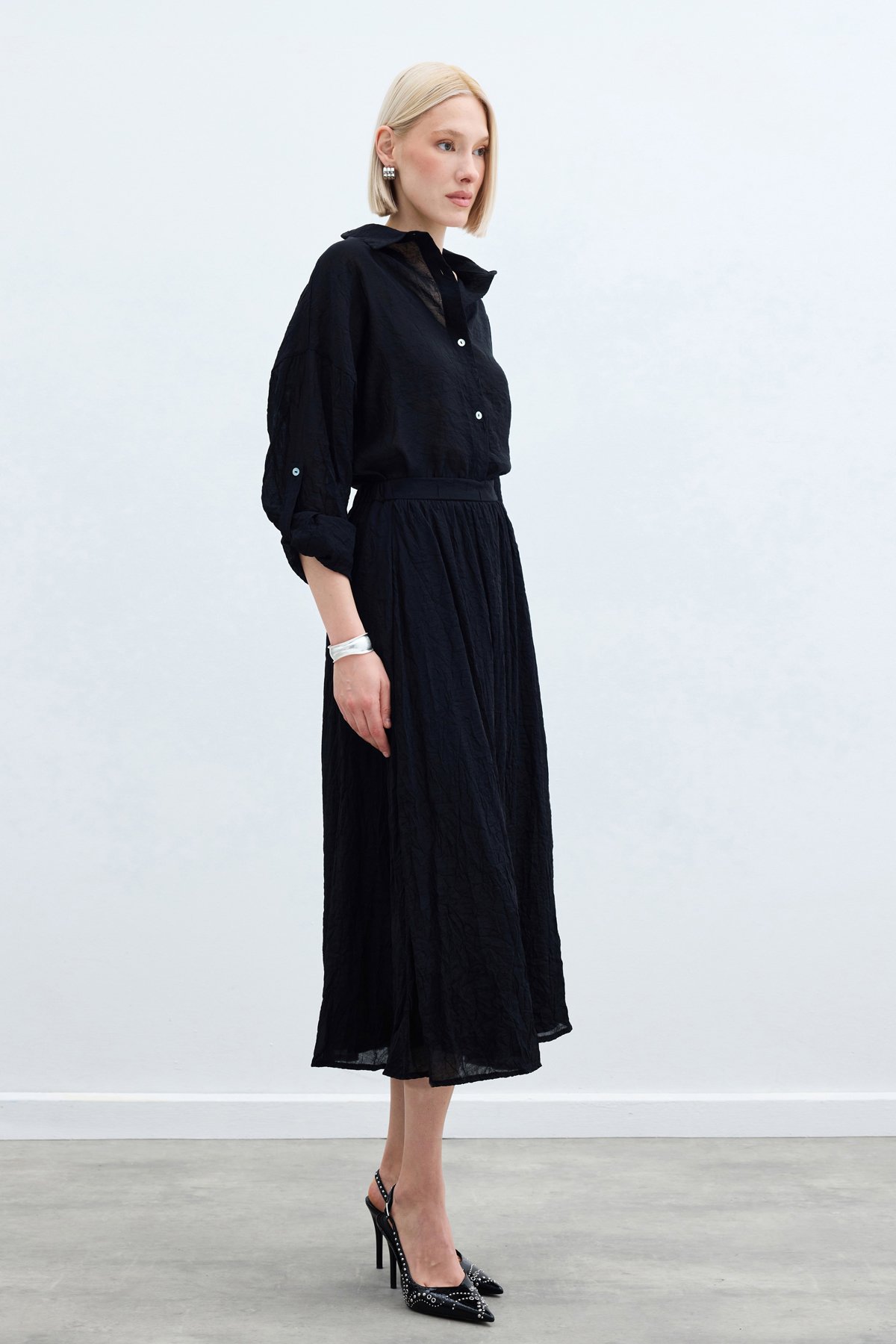 Kraşlı Kloş  Etek - Siyah